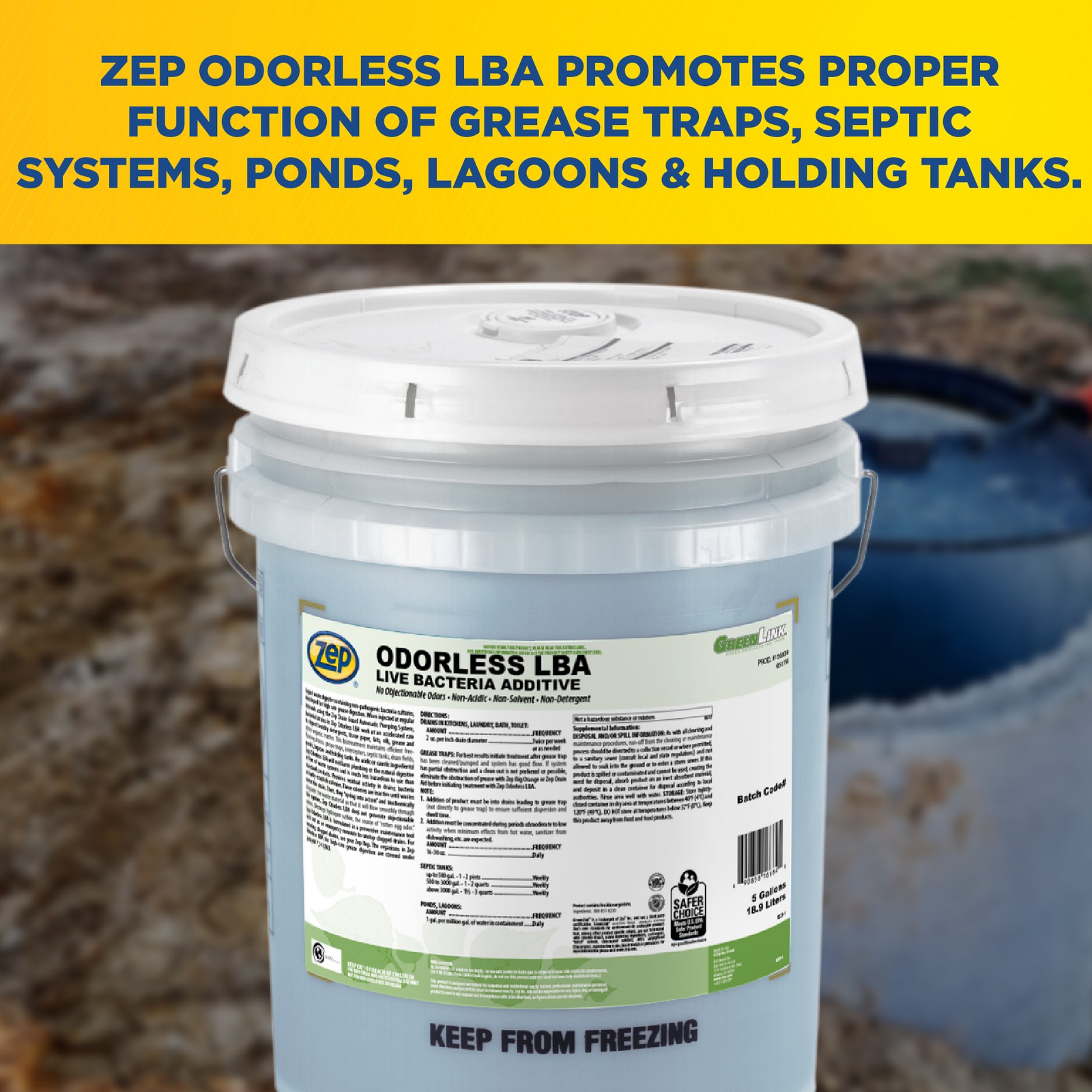 Zep Odorless LBA Live Bacteria Additive – 5 Gallon (1 Unit) 166839 – Liquid