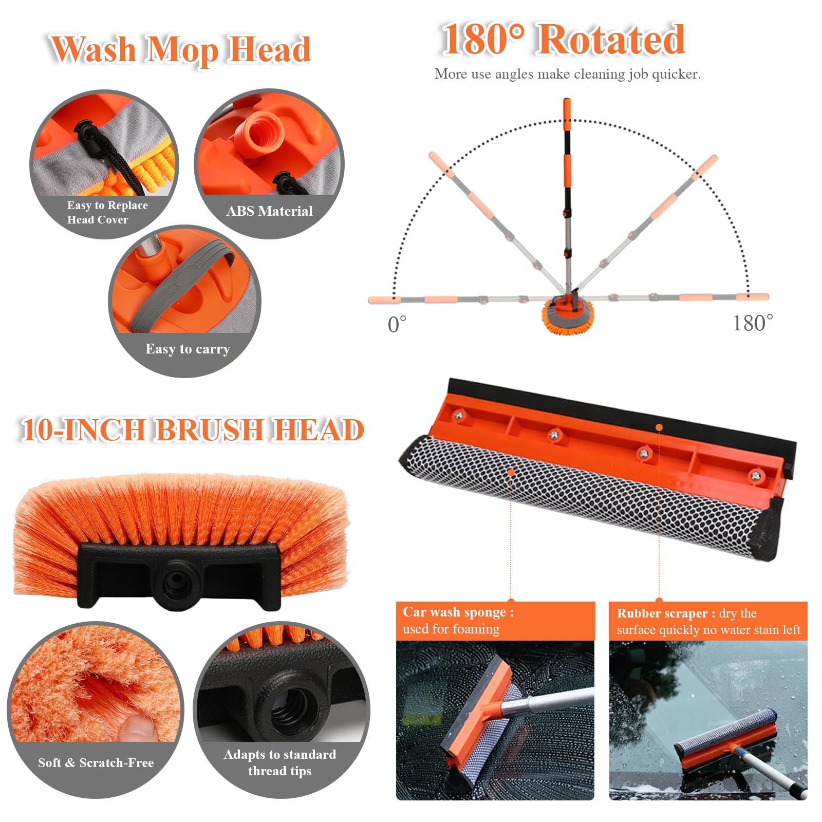 10Pcs 60″ Car Wash Kit with Long Handle, Soft Extendable Car Wash Brush & Mop…