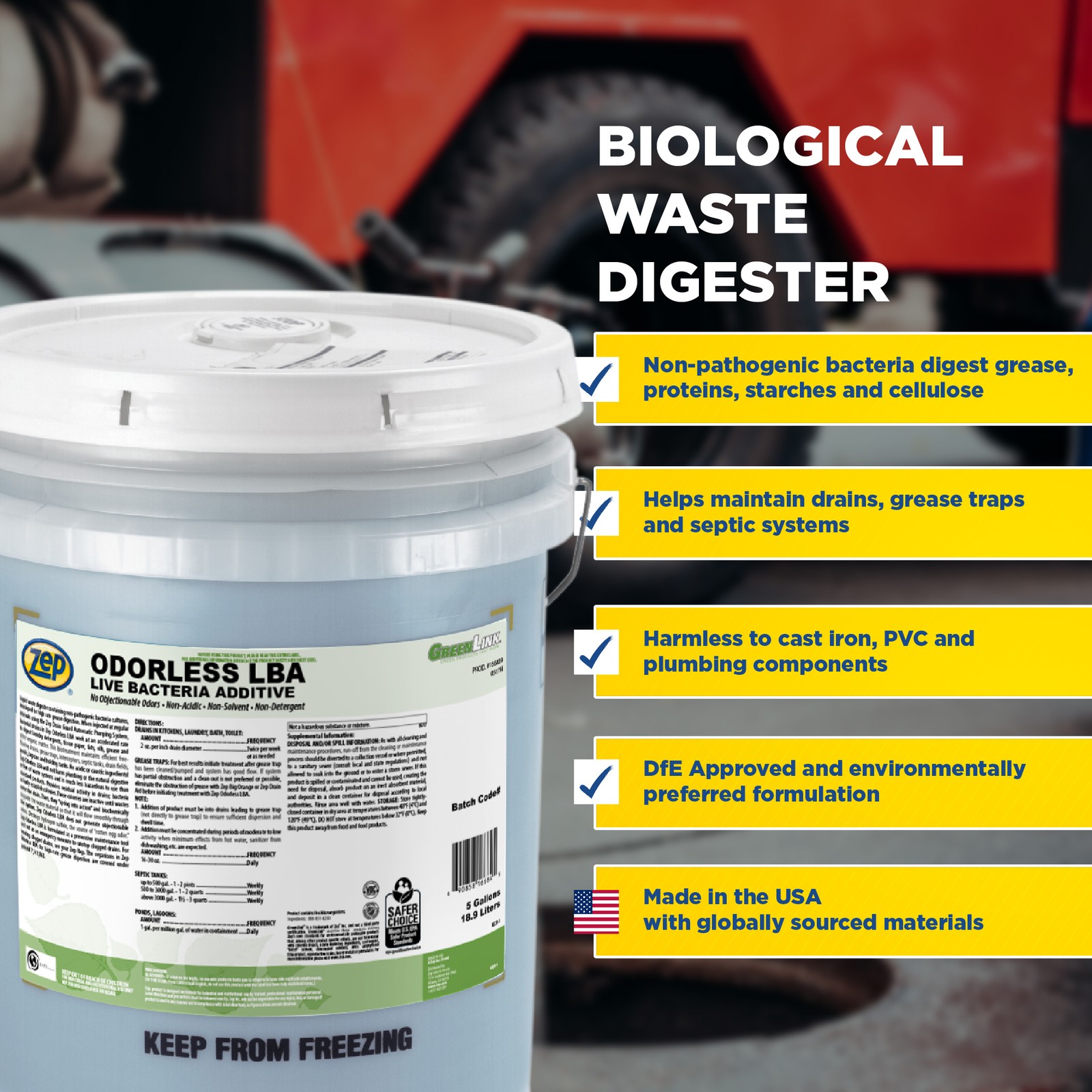 Zep Odorless LBA Live Bacteria Additive – 5 Gallon (1 Unit) 166839 – Liquid