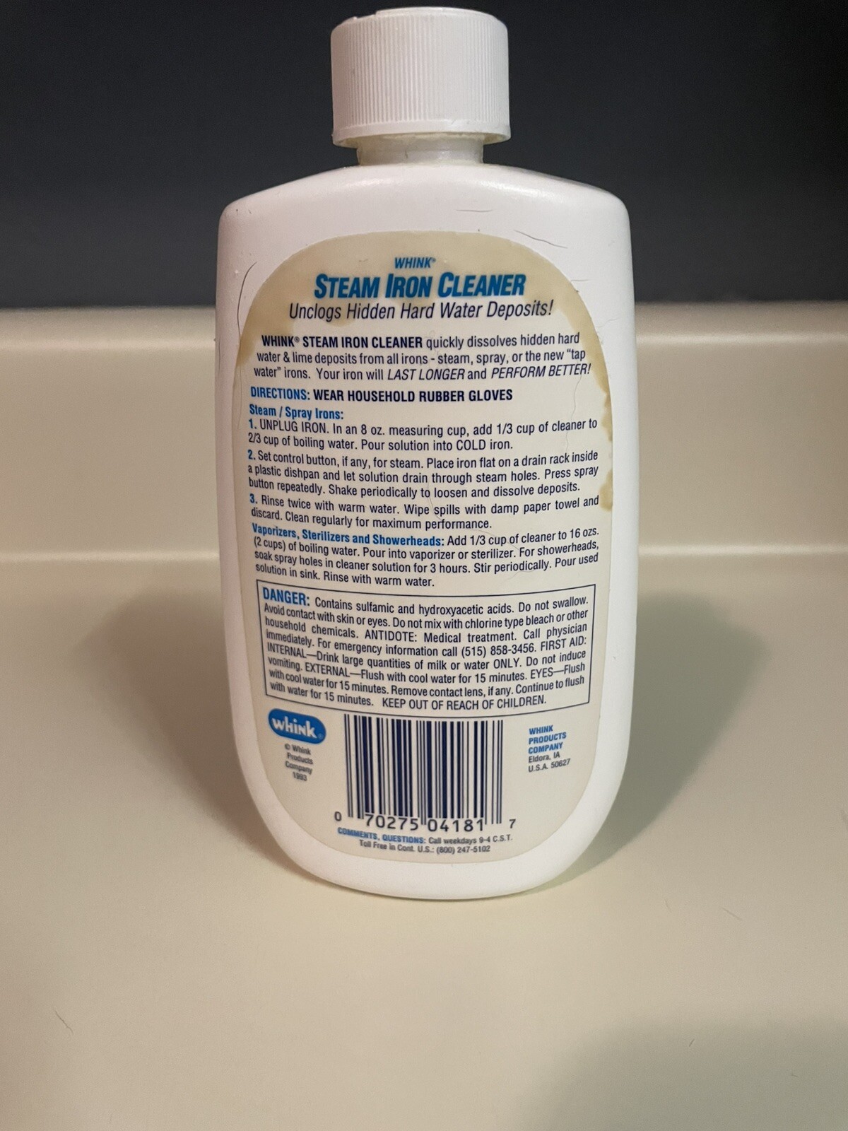 Whink Steam Iron Cleaner 10 oz Unclogs Hard Water Deposits Discontinued Full