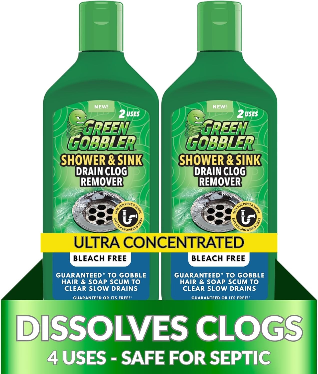 Green Gobbler Ultra Concentrated Drain Clog Remover, Hair & Soap Dissolver, 2 Pa