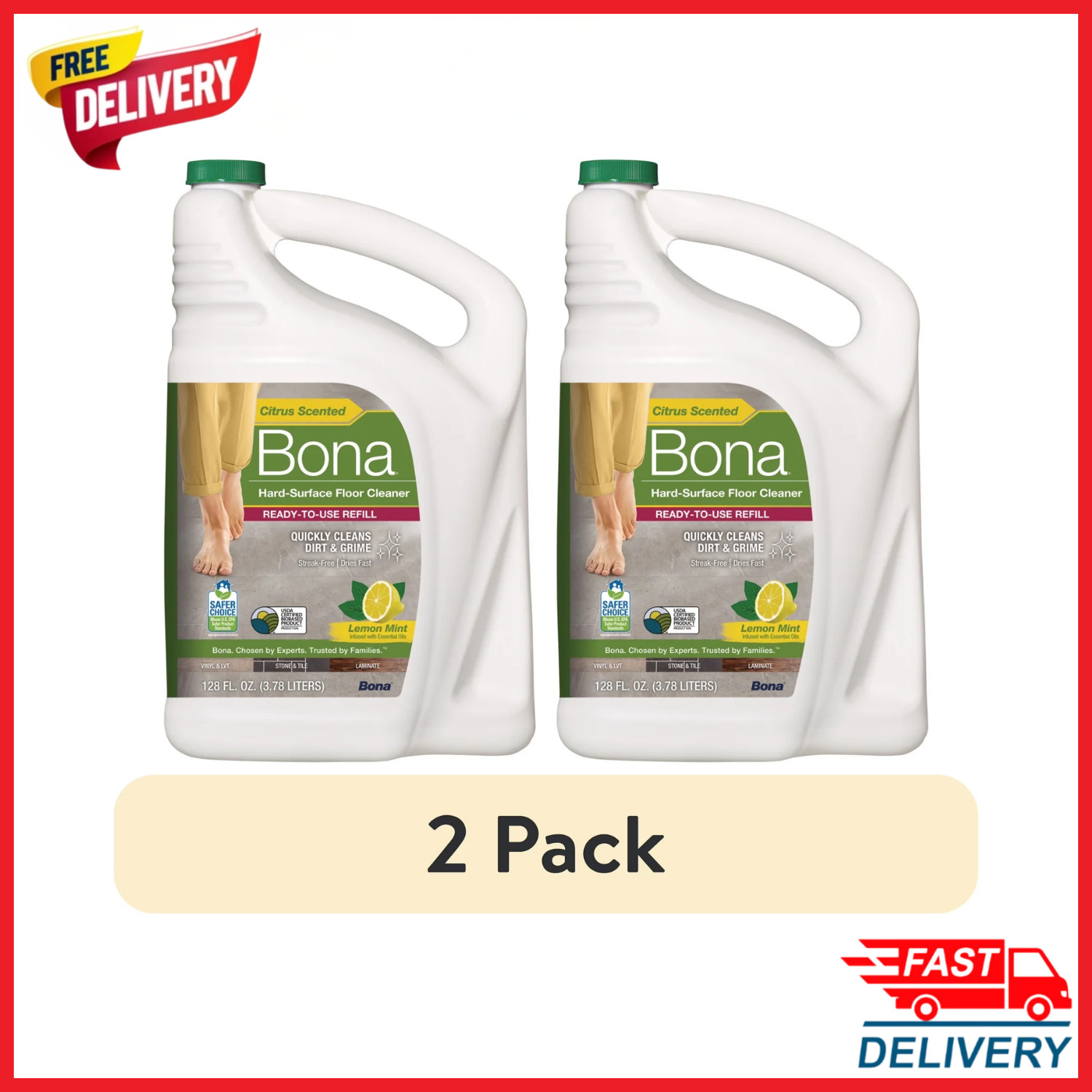 (2 Pack) Bona Floor Cleaner Multi Surface 128 oz Lemon Mint Refill Residue Free