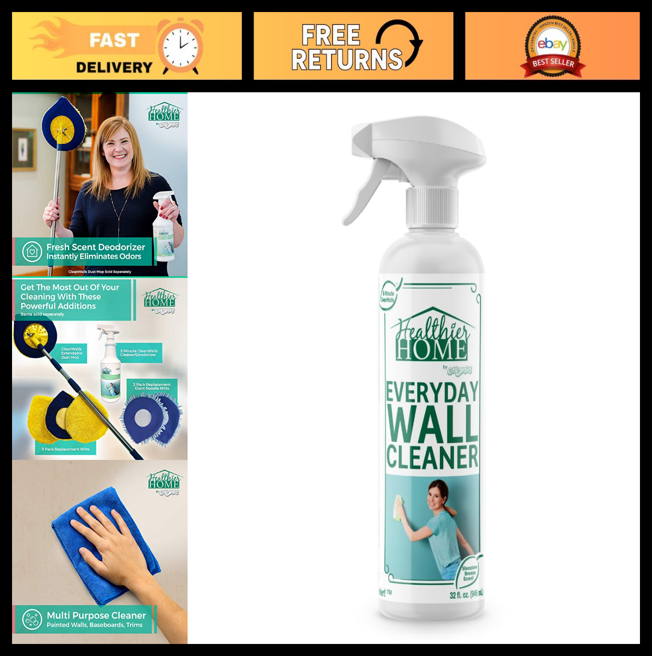 4-in-1 Wall Cleaner Spray – Fast 5-Minute Dirt, Dust & Odor Remover – 32 Oz