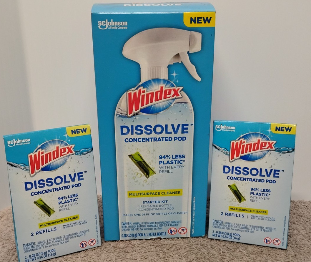 NEW Windex Dissolve Pod Multisurface Cleaner Starter Kit w/ 2 Box Refills. (03)