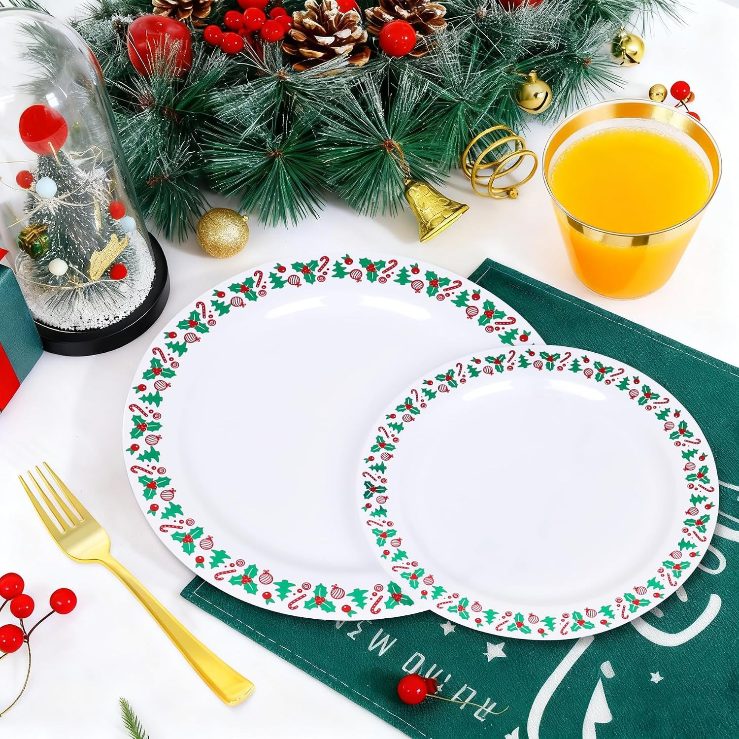 350pcs Christmas Disposable Plates & Cutlery Set – Plastic Plates, Tree Design