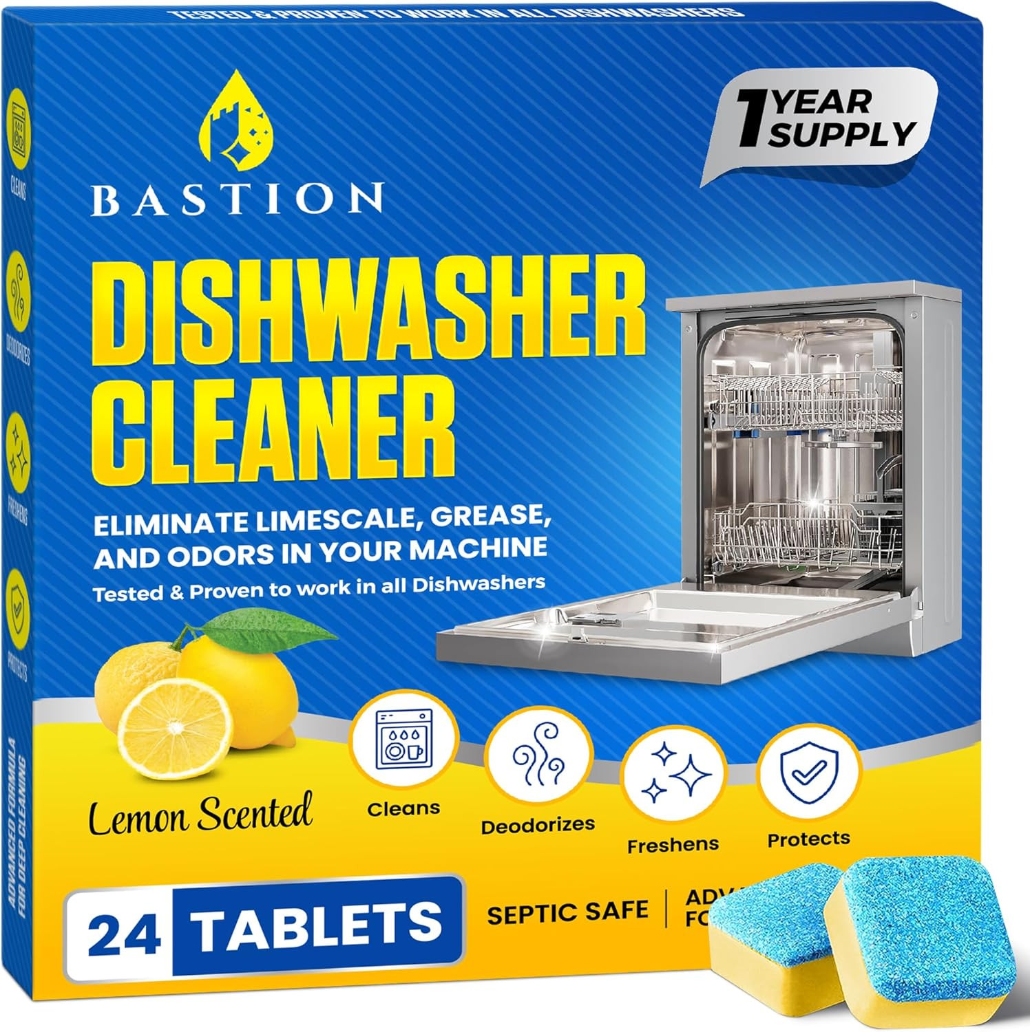 Dishwasher Cleaner Tablets – 24 Tablets (1-Year Supply) Lemon-Scented, Heavy Dut