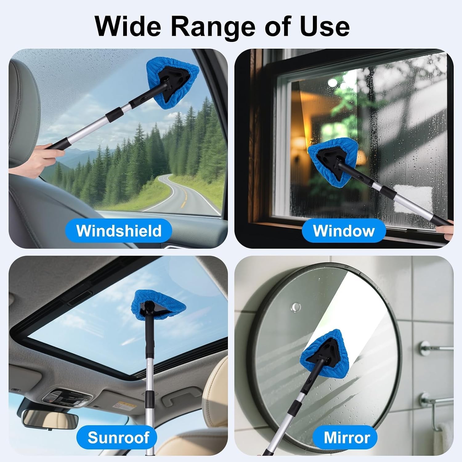 Dark Blue Extendable Car Windshield Cleaner Kit with Microfiber Pads & Spray