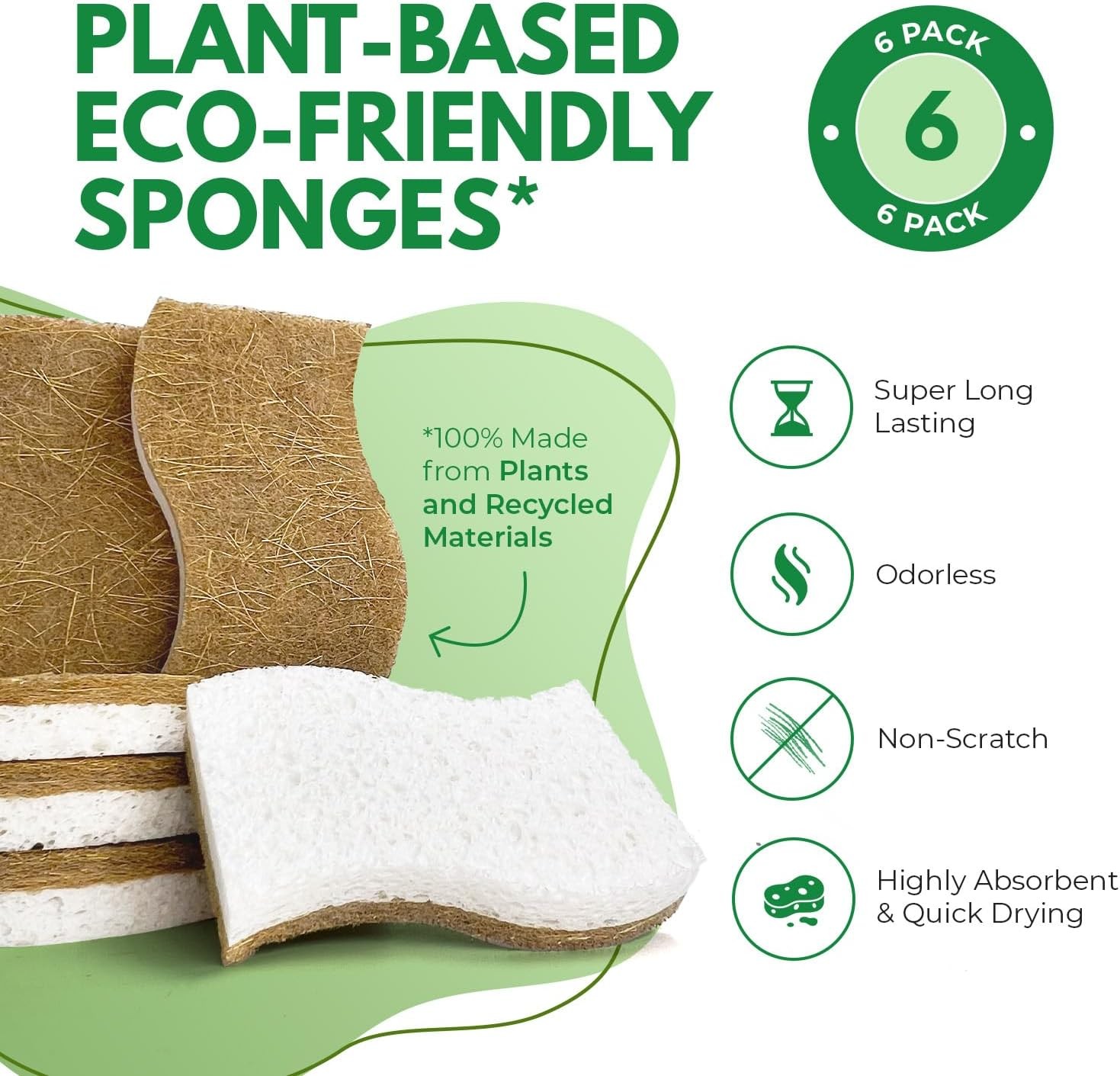 Natural Kitchen Sponges (6 Pack) – Biodegradable Cellulose & Coconut Scrubber