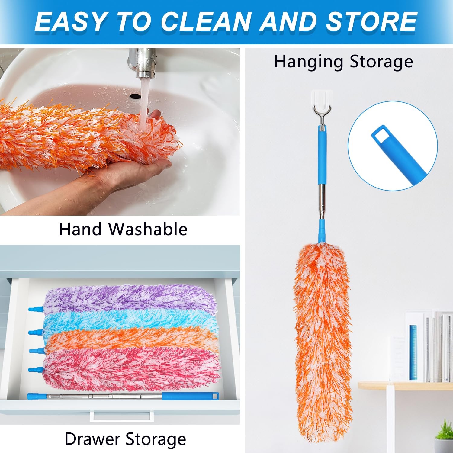 4 Pack Microfiber Feather Dusters, Up to 55 Inch Extension Pole, Cobweb Clean…