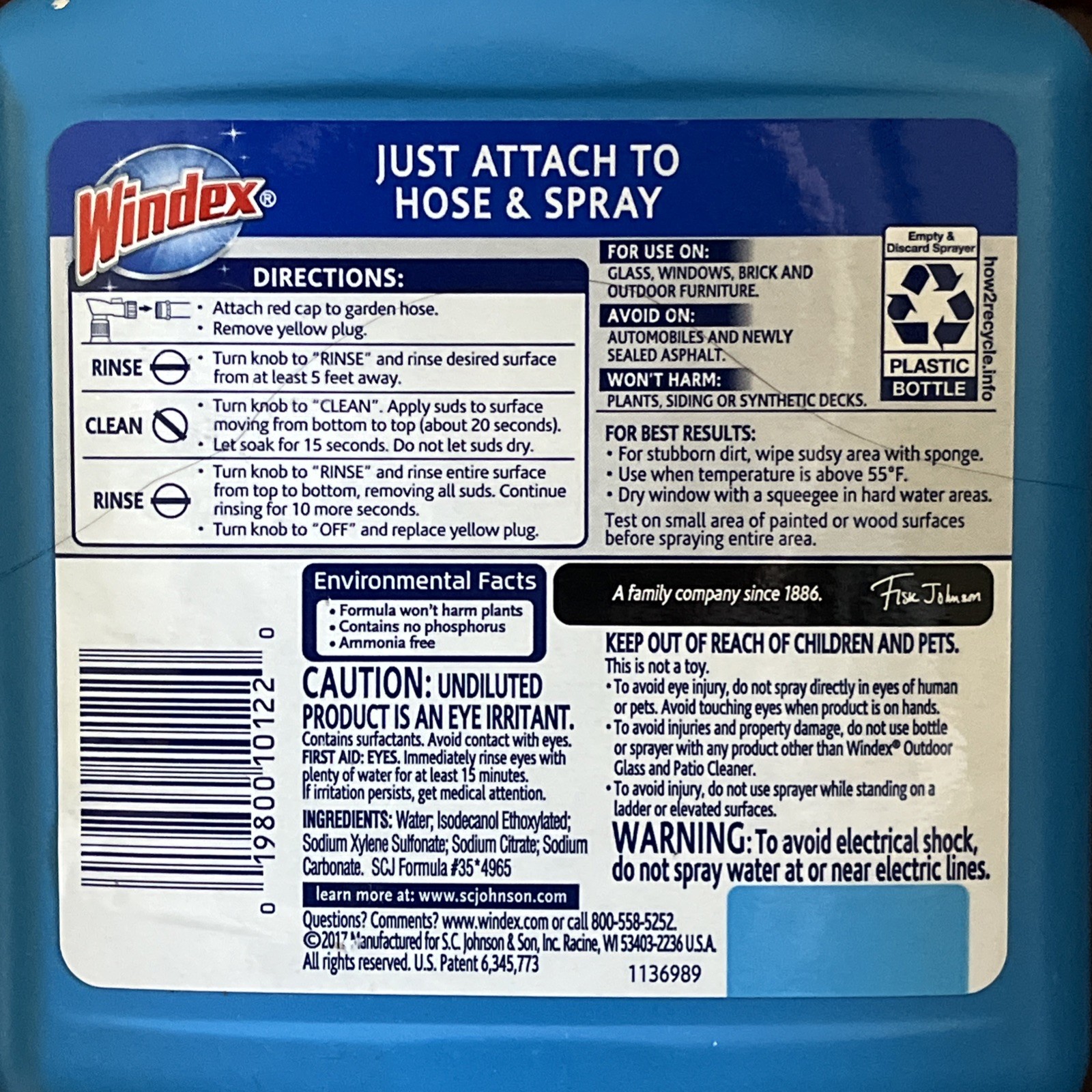 Windex 32 Oz. Exterior Window Cleaner; Attach Hose & Spray; Streak Free. New