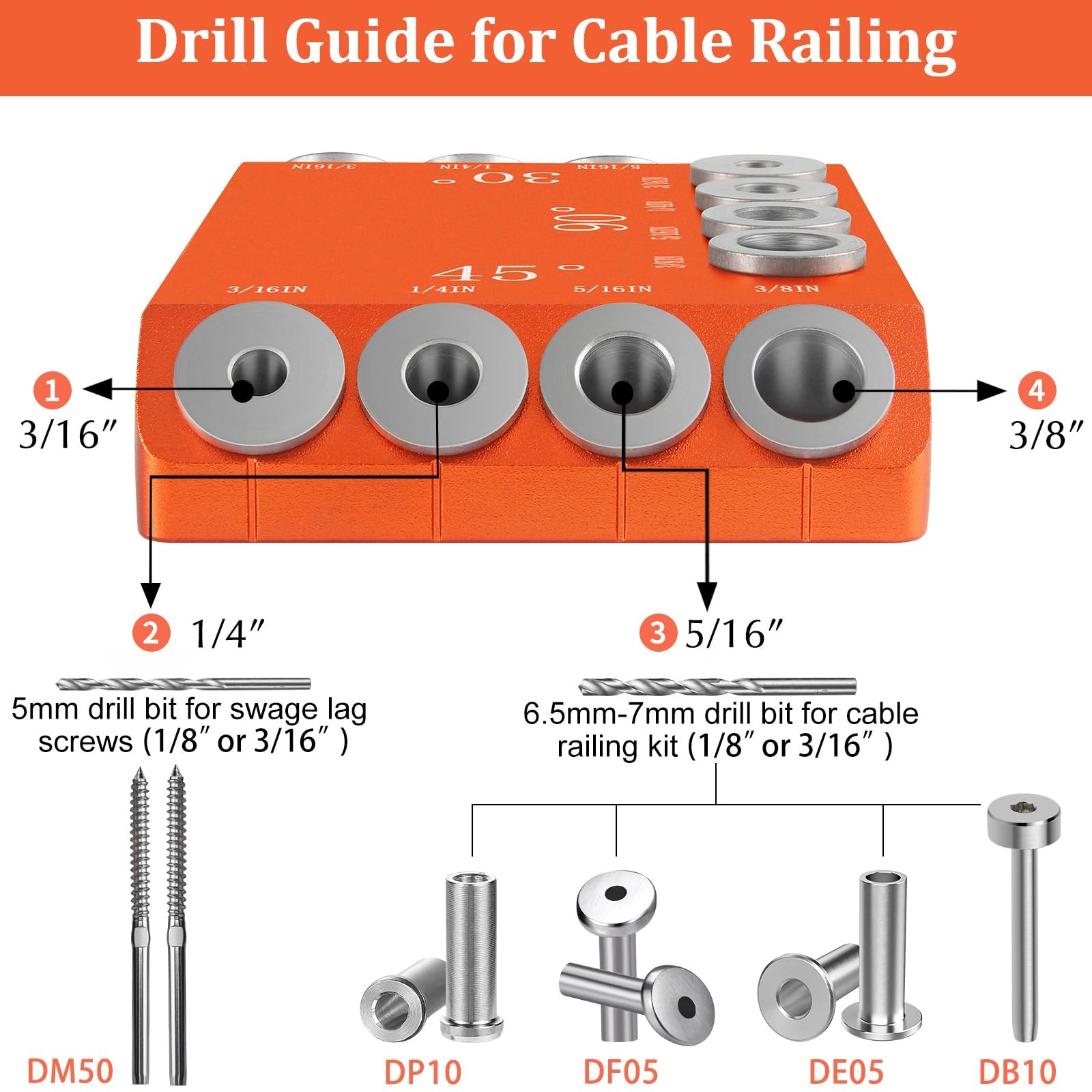Aluminum Drill Guide, 30 45 90 Degree Angle 4 Sizes for Cable Railing Lag Scr…