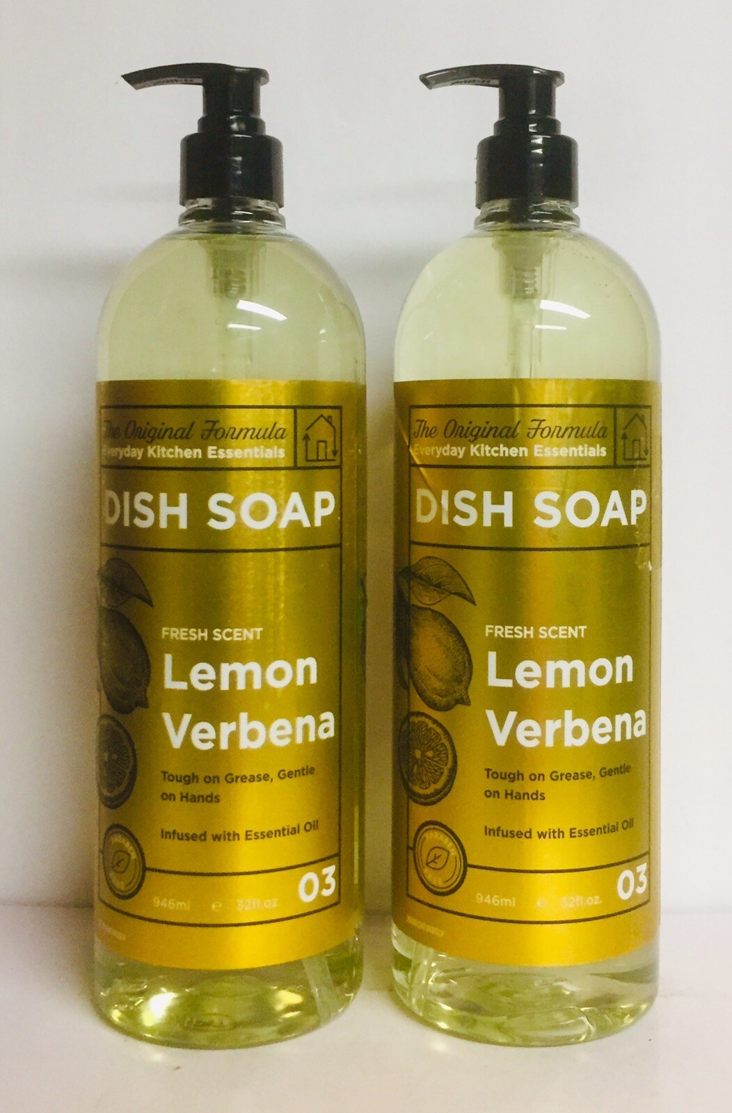 2 Bottles Lemon & Verbena Dish Soap Tough on Grease, Gentle on Hands 32 oz Each