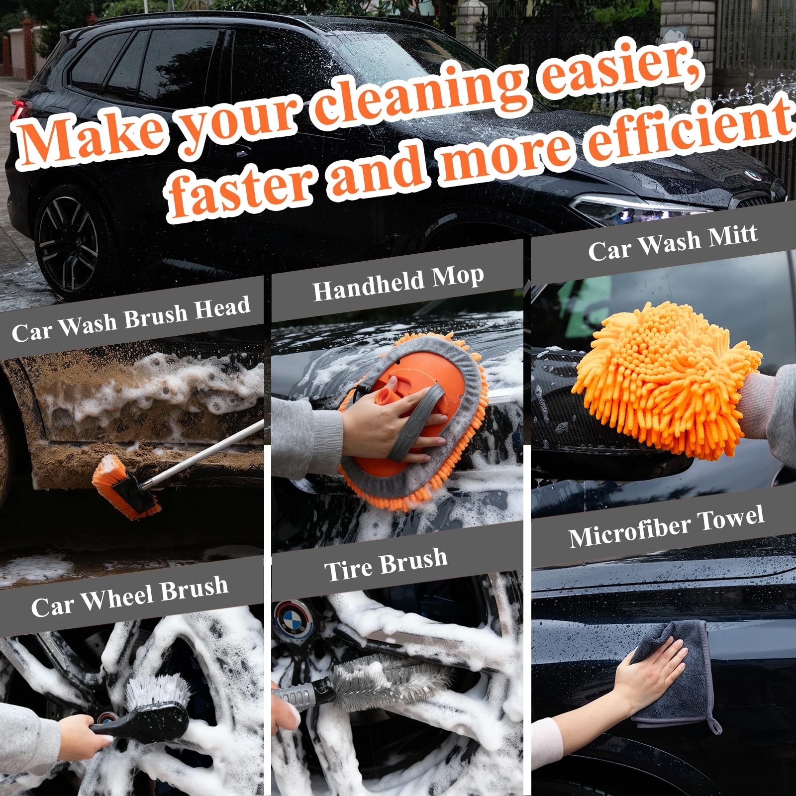 10Pcs 60″ Car Wash Kit with Long Handle, Soft Extendable Car Wash Brush & Mop…
