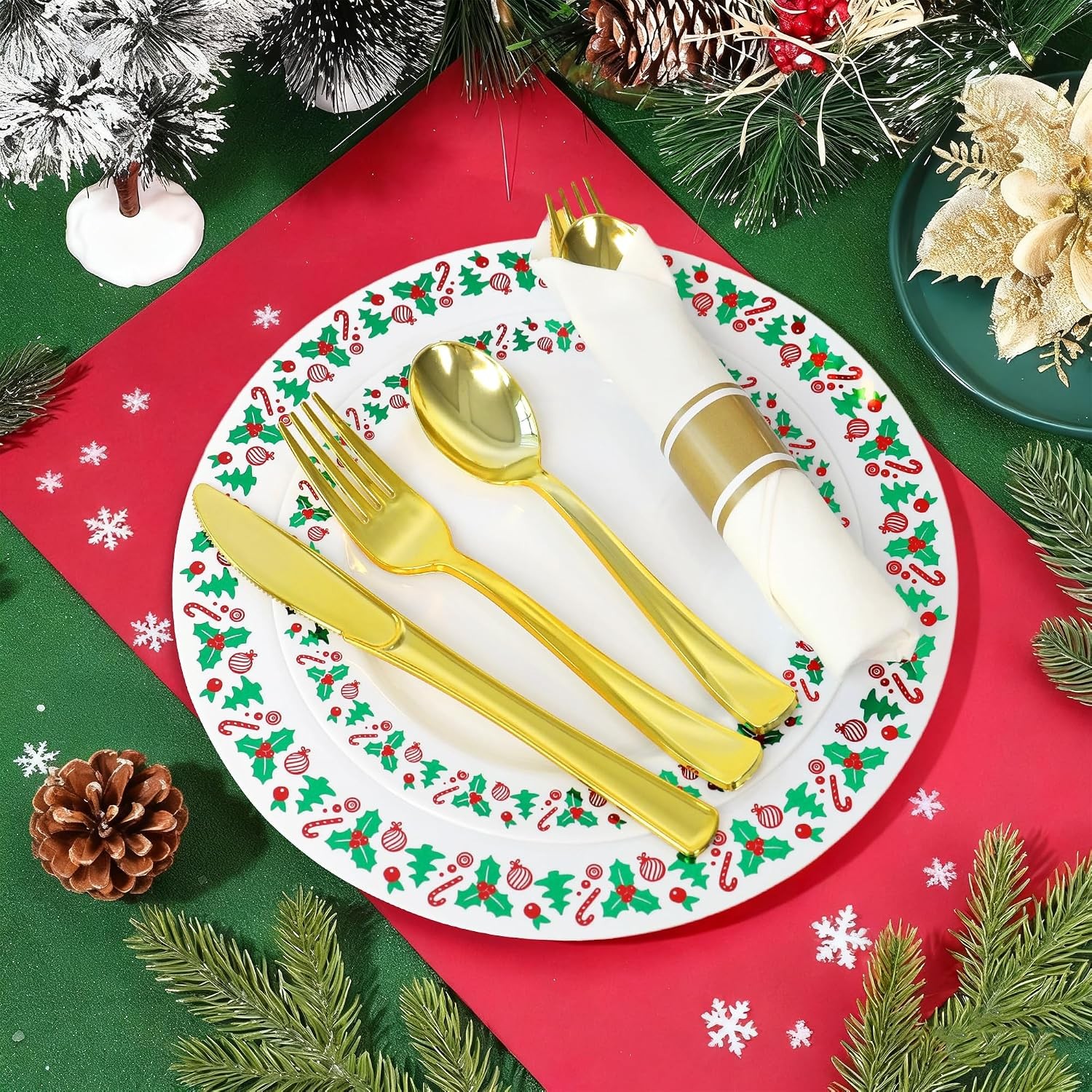 350pcs Christmas Disposable Plates & Cutlery Set – Plastic Plates, Tree Design