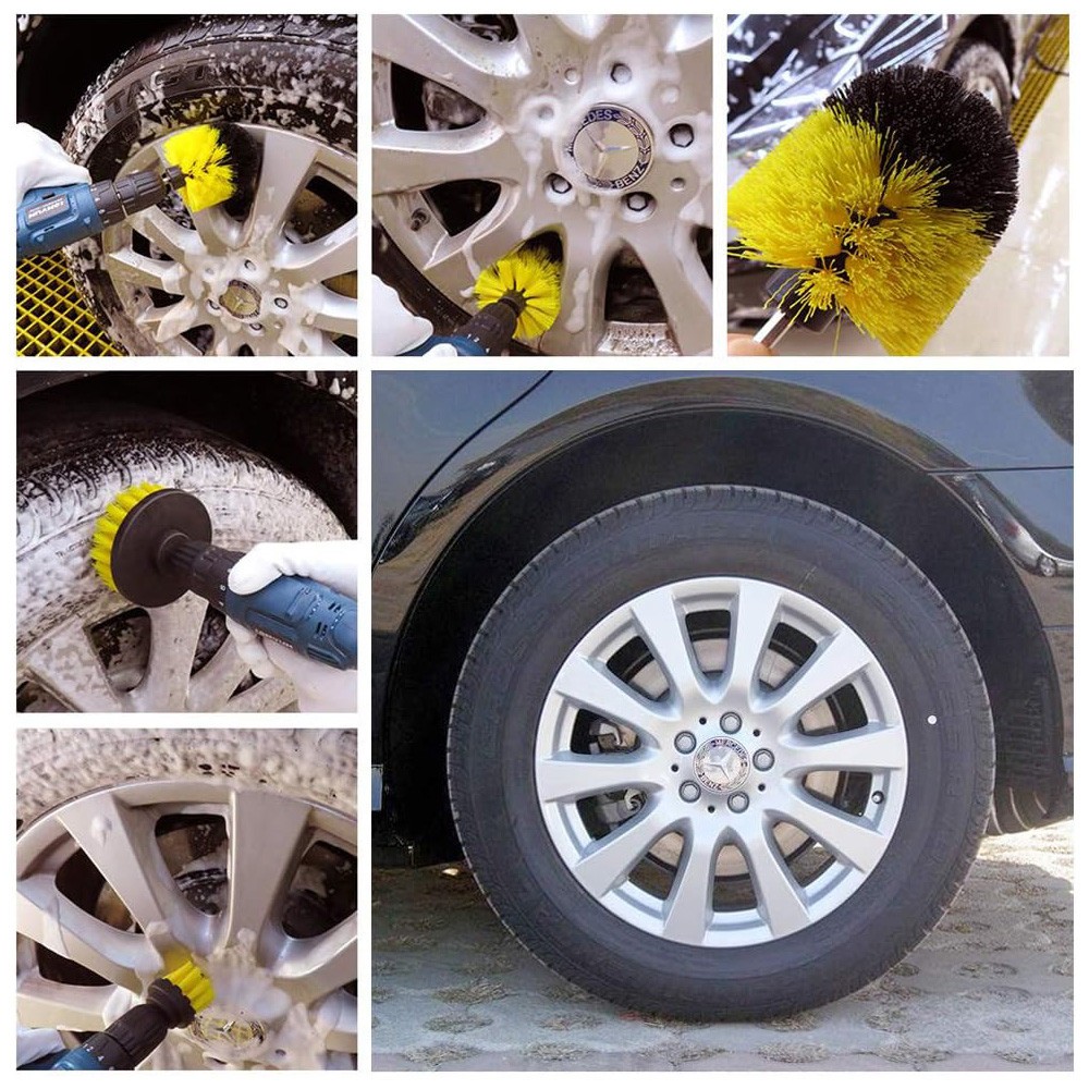 3 Piece Power Scrubber Drill Brush Kit Car Detailing Set Wheels Tires Carpet Mat