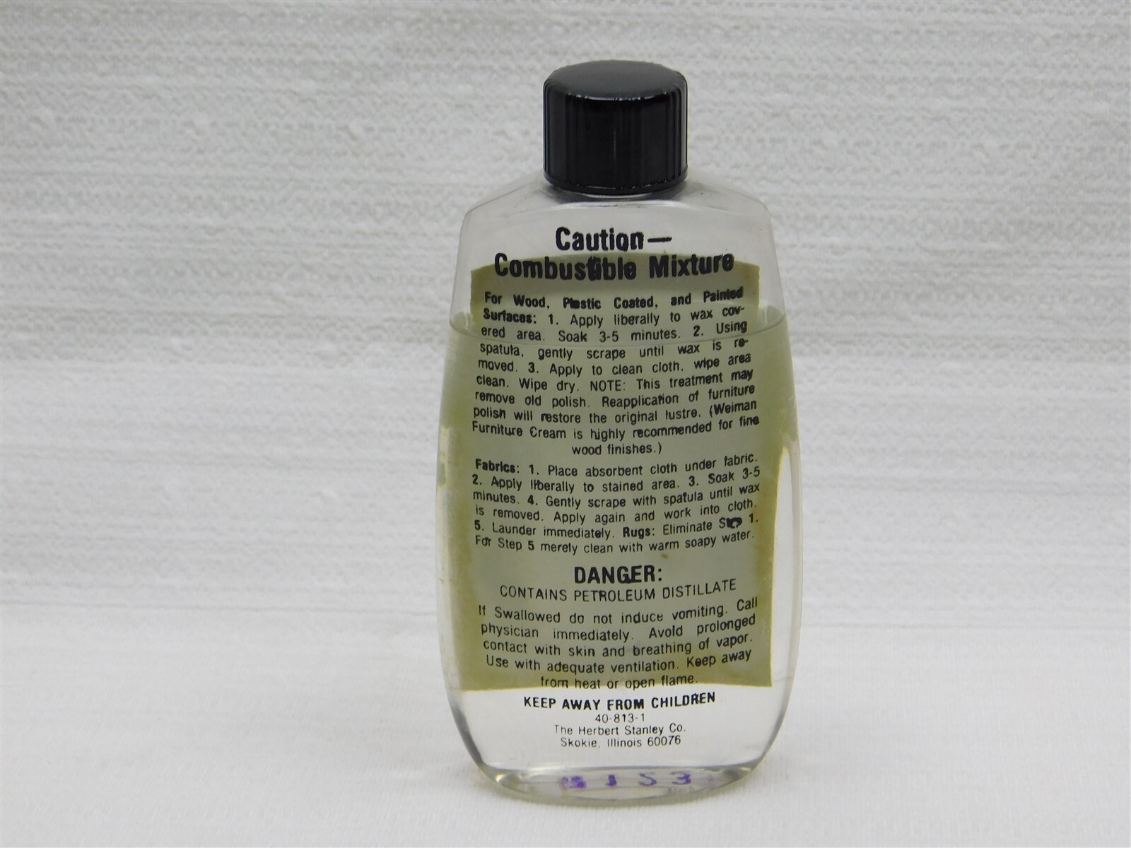 Weiman Candle Wax Remover Furniture Fabric Carpet 4 Fl. Oz. Black Cap Bottle Vtg