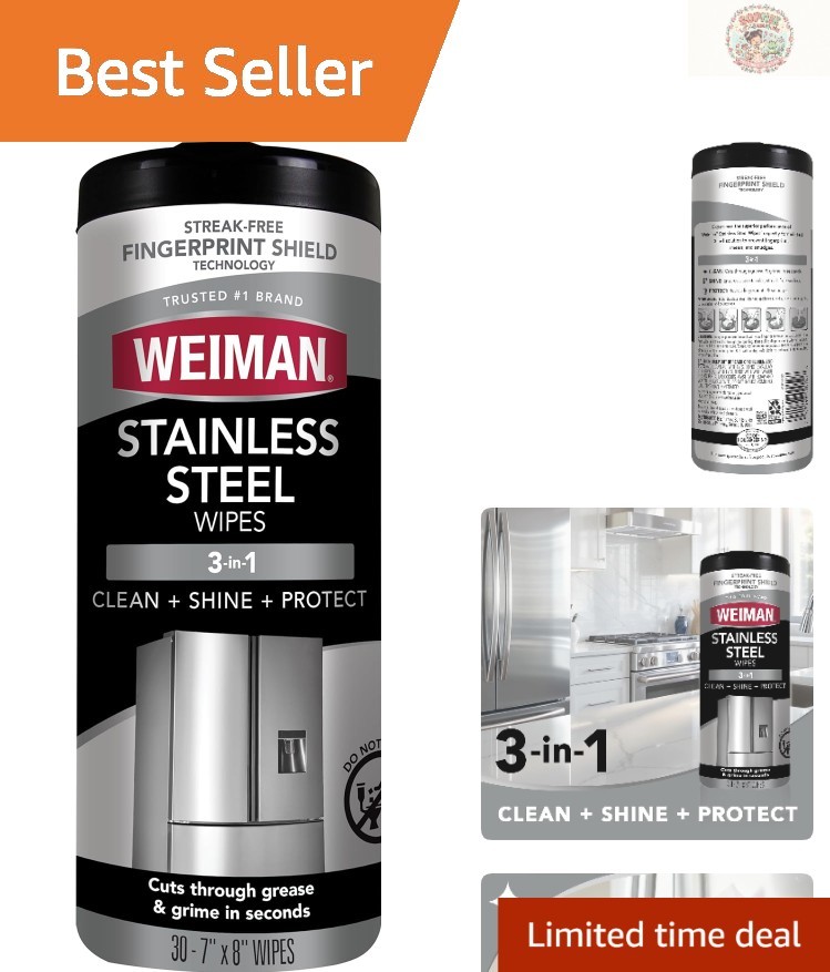 Weiman Stainless Steel Cleaner Wipes – 30 Count for Effortless Polishing & Shine