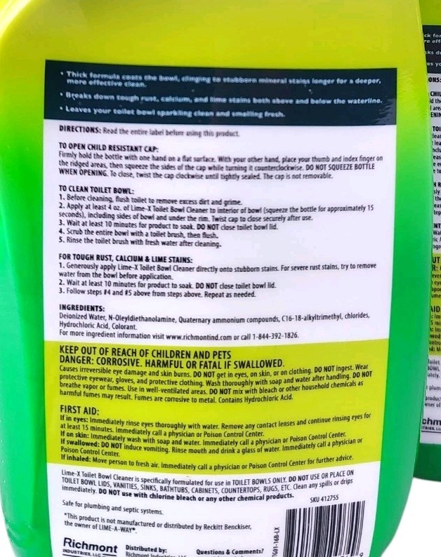 Lime x Liquid Toilet Bowl Gel Cleaner, Removes Lime Calcium Rust 4 Pack 16 oz Ea