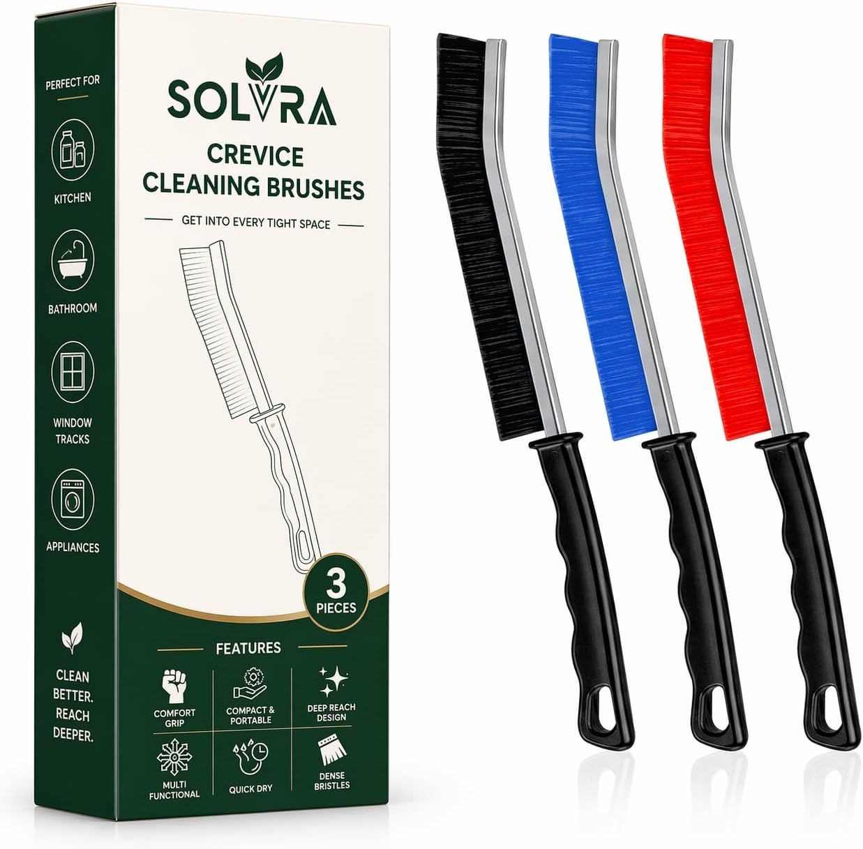 Crevice Cleaning Brush Set – 3Pcs Hard Bristle Cleaning Tools in Black, Red &