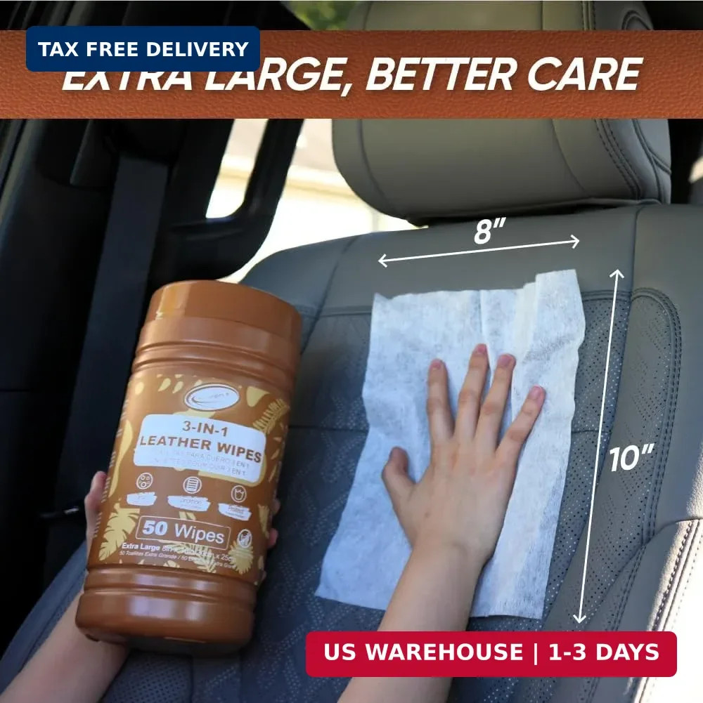 Air Jungles 3in1 Leather Wipes 50 Count, Extra Large 8″ x 10″ Size, Clean Condit