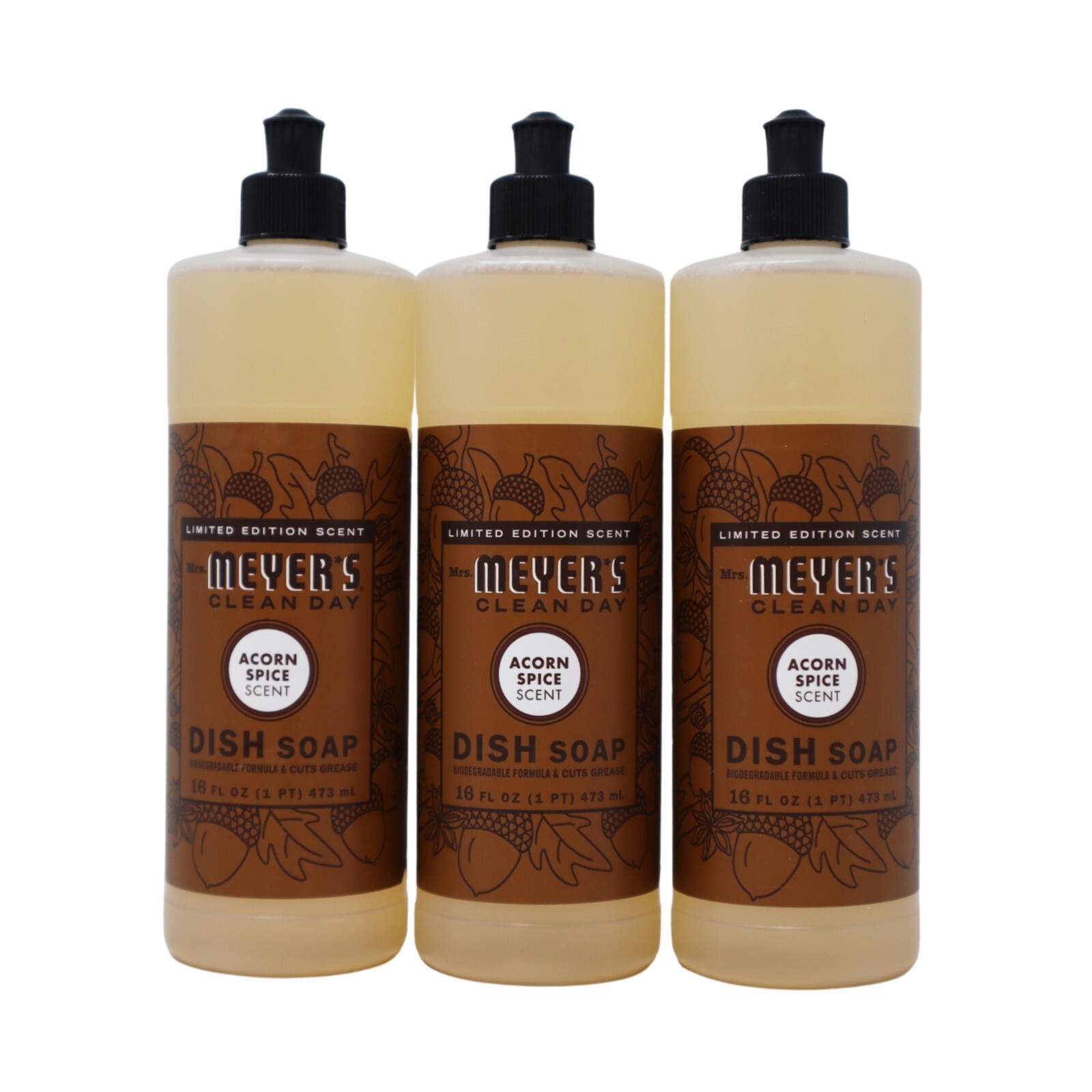 Mrs. Meyer’s Clean Day Dish Soap, Acorn Spice Scent, 16 Ounce Bottle, 3-Pack