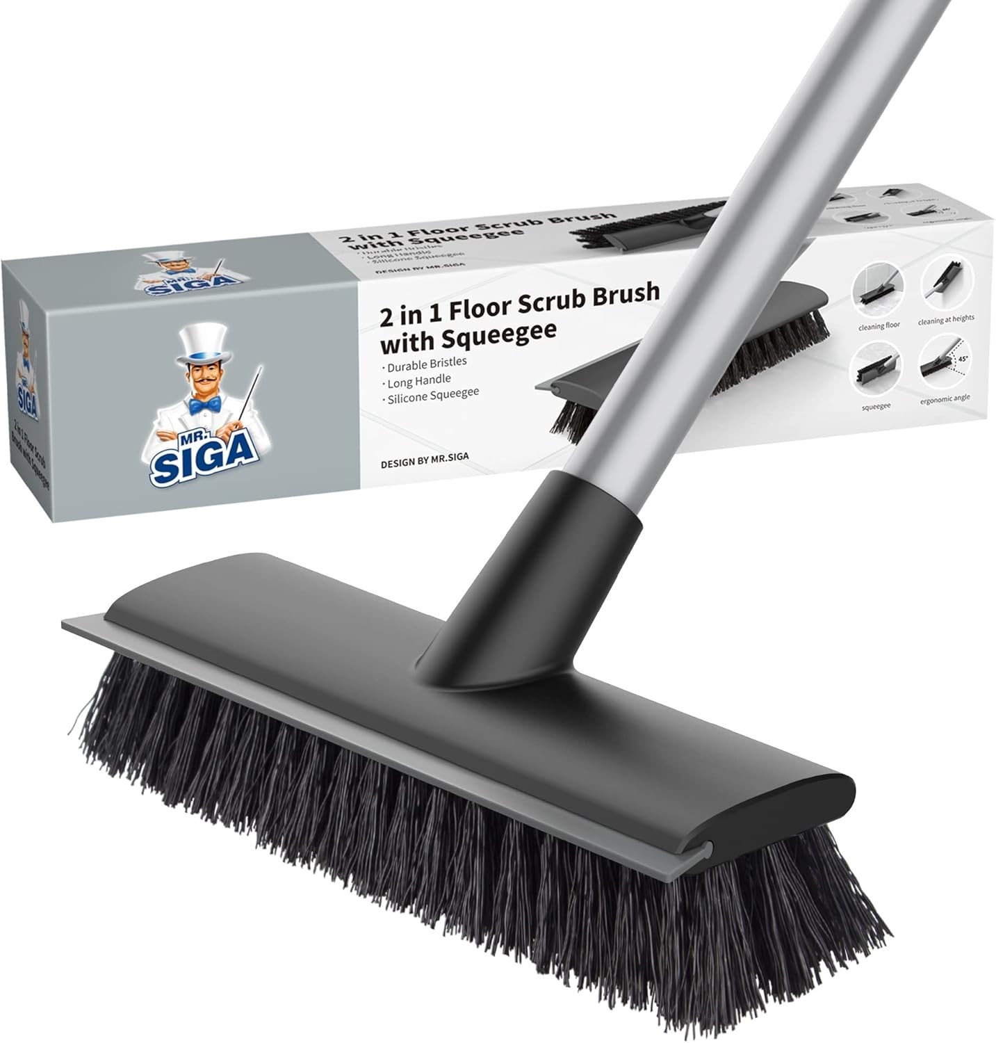Durable 2-in-1 Floor Brush with Stiff Bristles and Adjustable Steel Handle