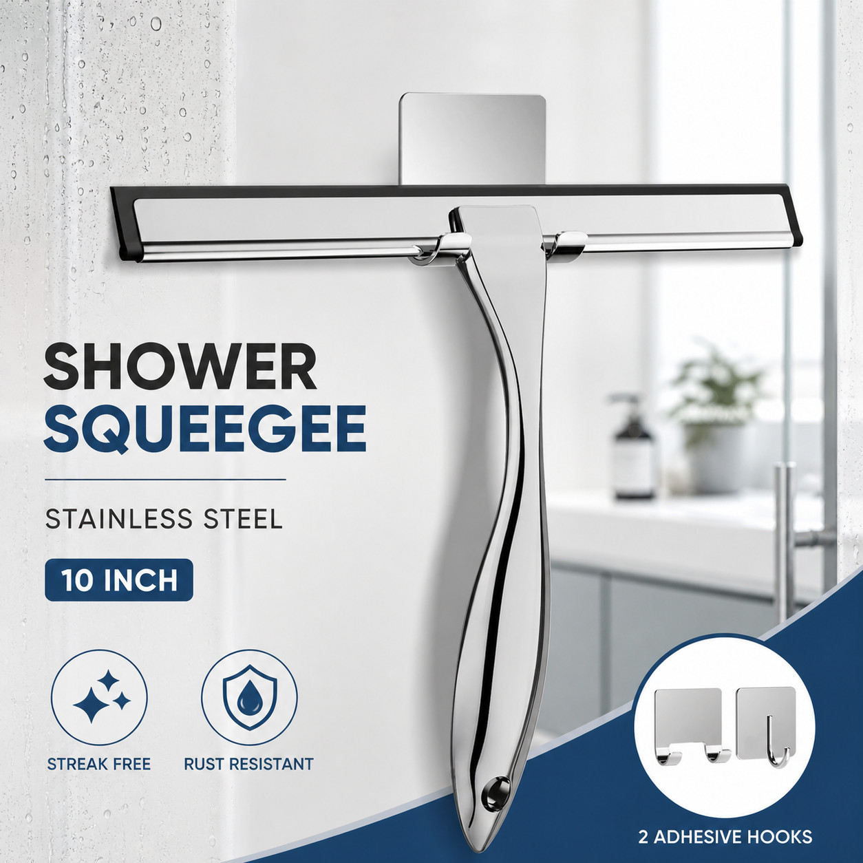 Stainless Steel Shower Squeegee 10 Inch Glass Cleaner with Hooks Silver