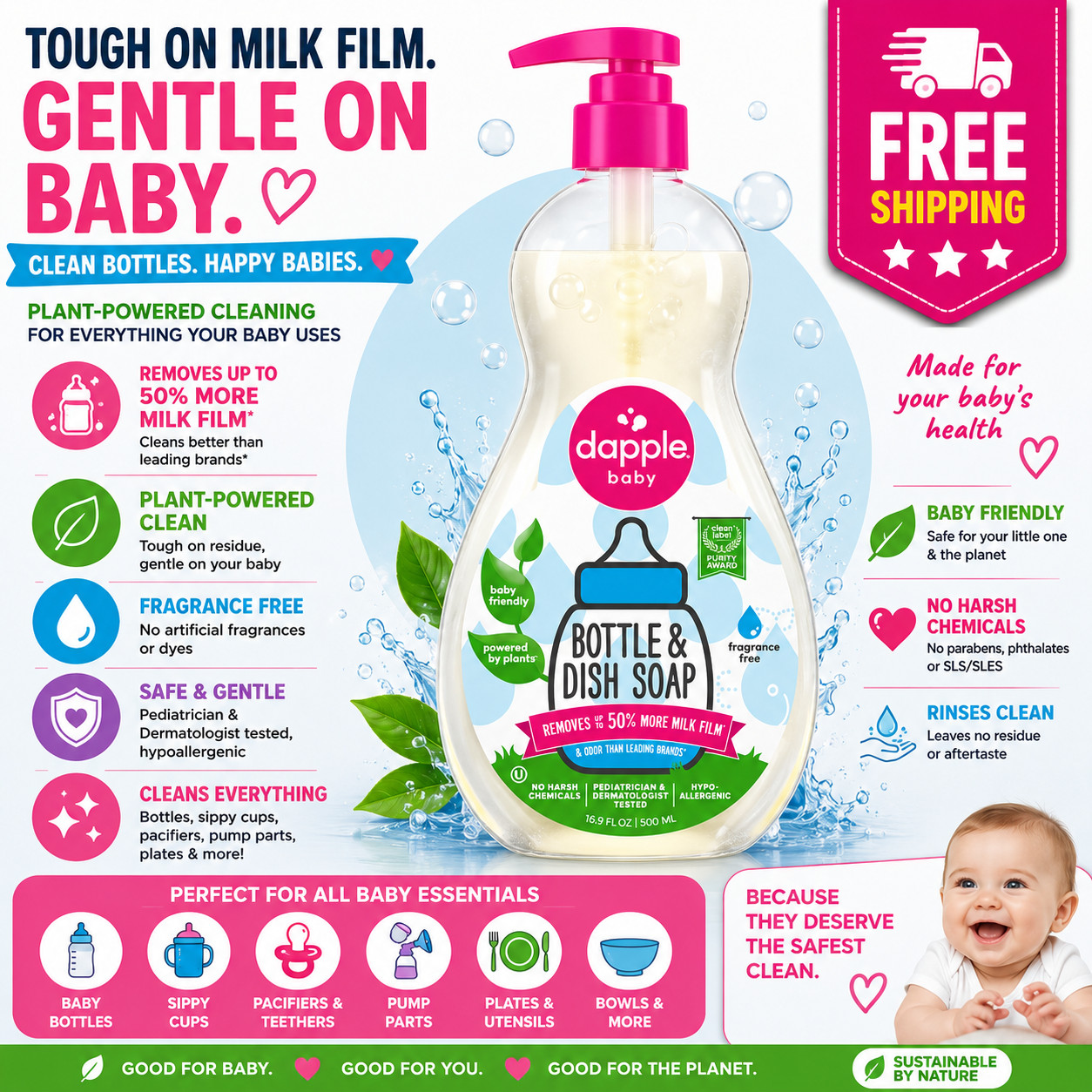 Dapple Baby Bottle and Dish Soap for Baby Products, Fragrance-Free, 16.9 fl oz