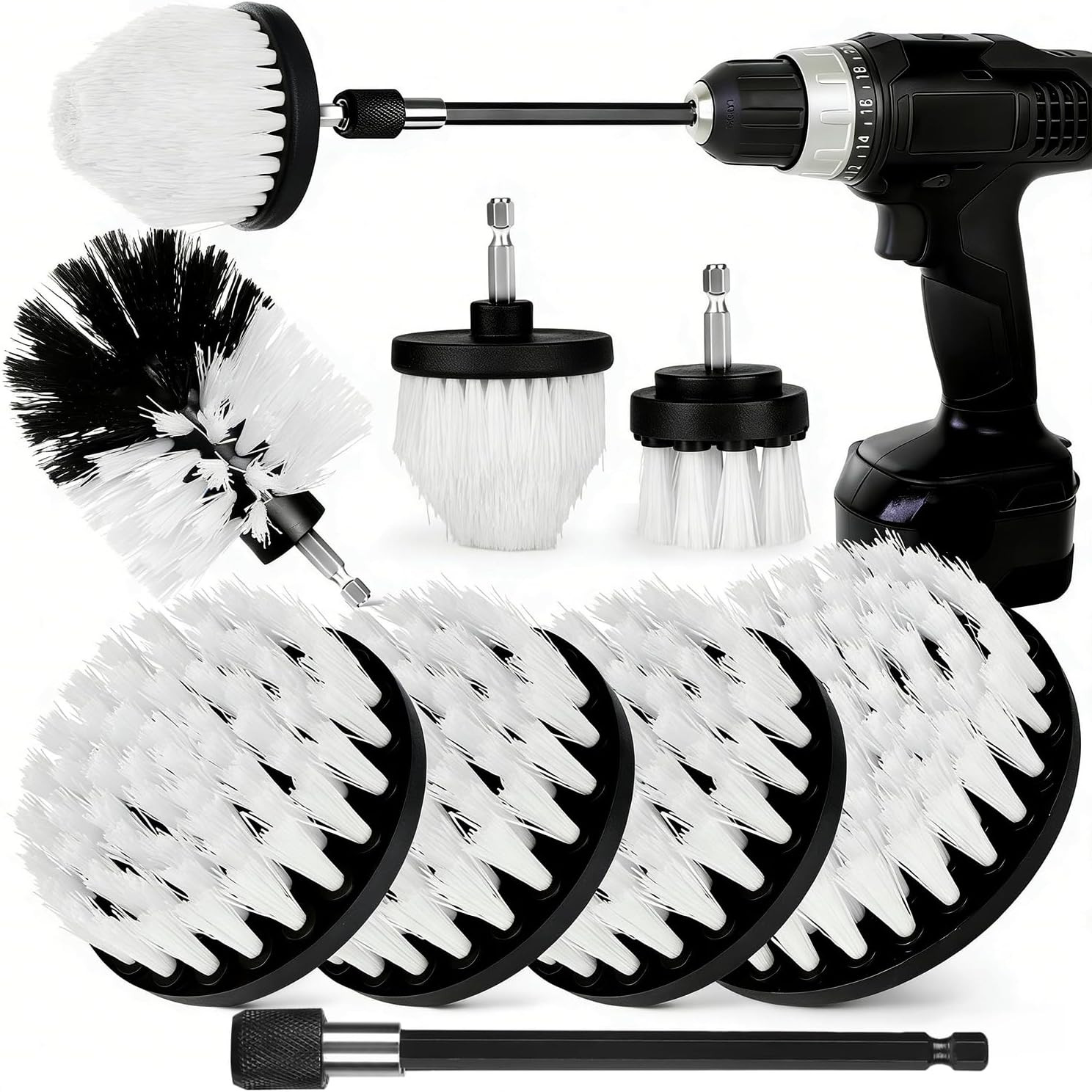 8 Pack Drill Brush Attachment Set,1/4in Power Scrubber Brush + Extend Long Rod,