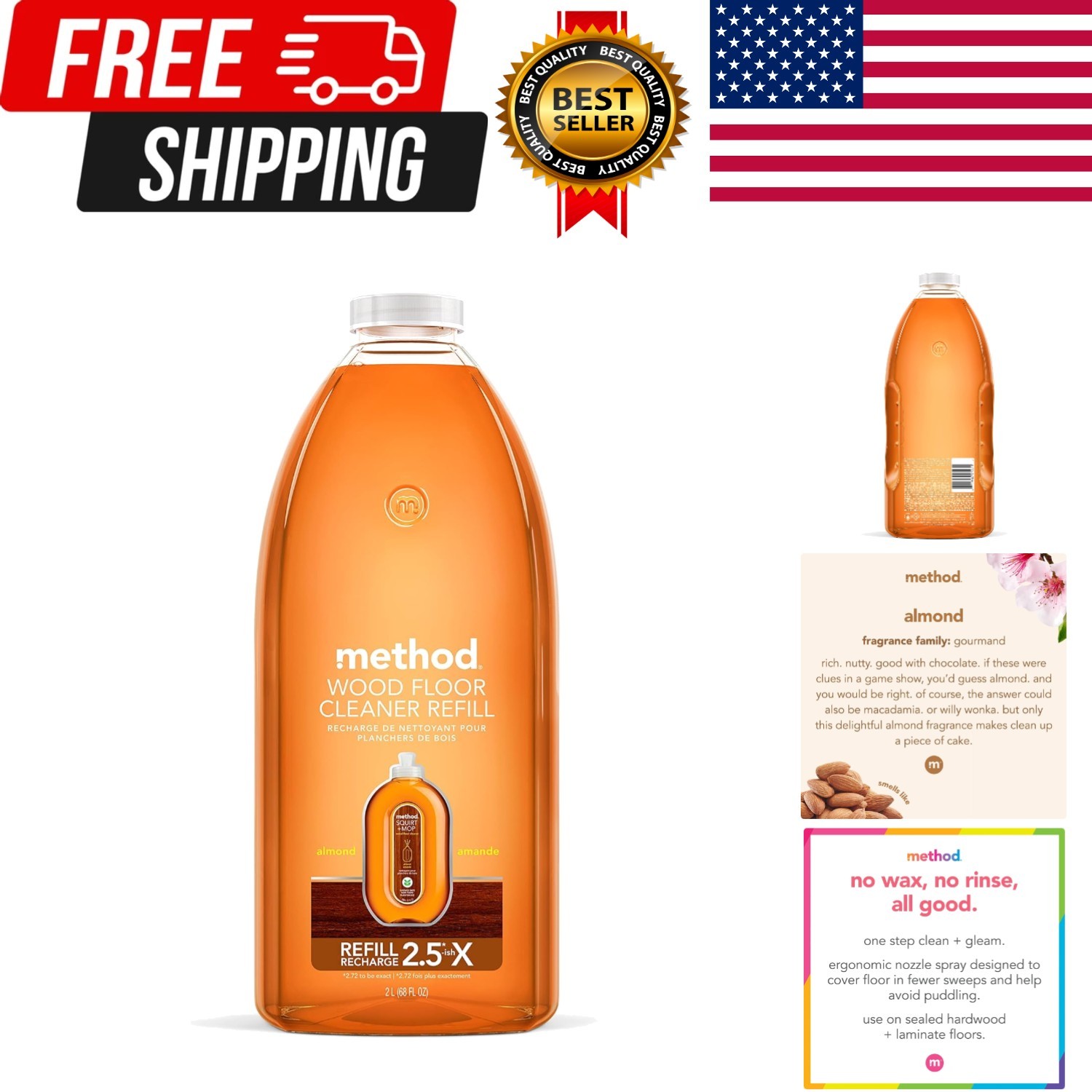 Method Squirt + Mop Hardwood Floor Cleaner Refill, Almond, 68 Ounce