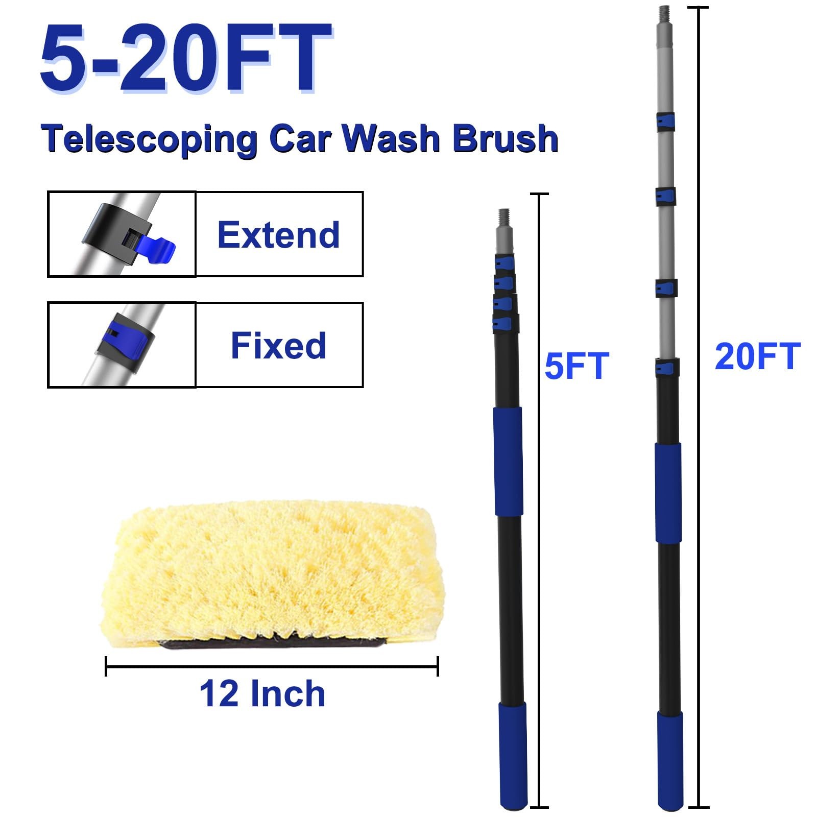26Ft Telescoping Car Wash Brush with Soft Bristles for Scratch-Free Cleaning