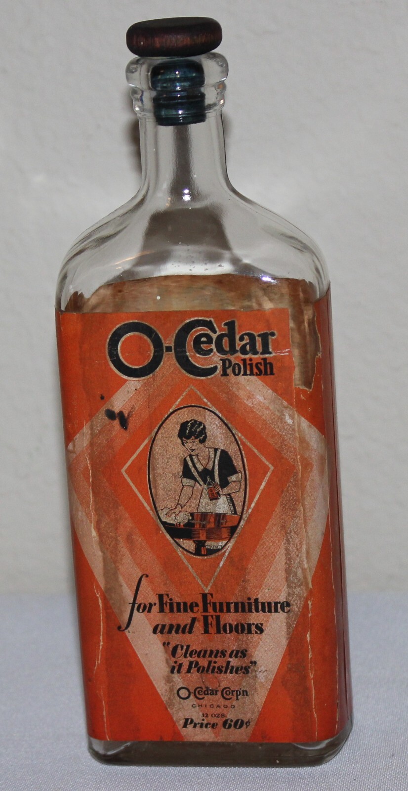 Antique O-CEDAR Polish Glass Bottle Paper Lable Wood Stopper Cap Advertising