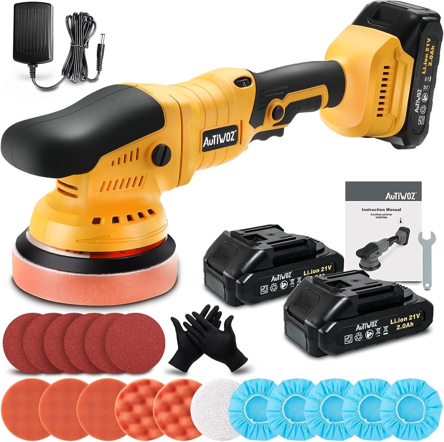 Cordless Car Buffer Polisher, 2x2000mAh 21V Batteries 5 Inch Random Orbital