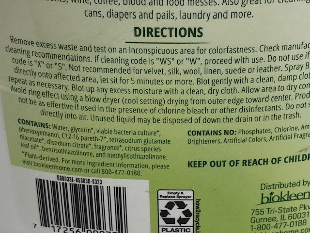 Biokleen Bac-Out Carpet Stain + Odor Remover Lime Essence 32 oz Spray w/ Cloth