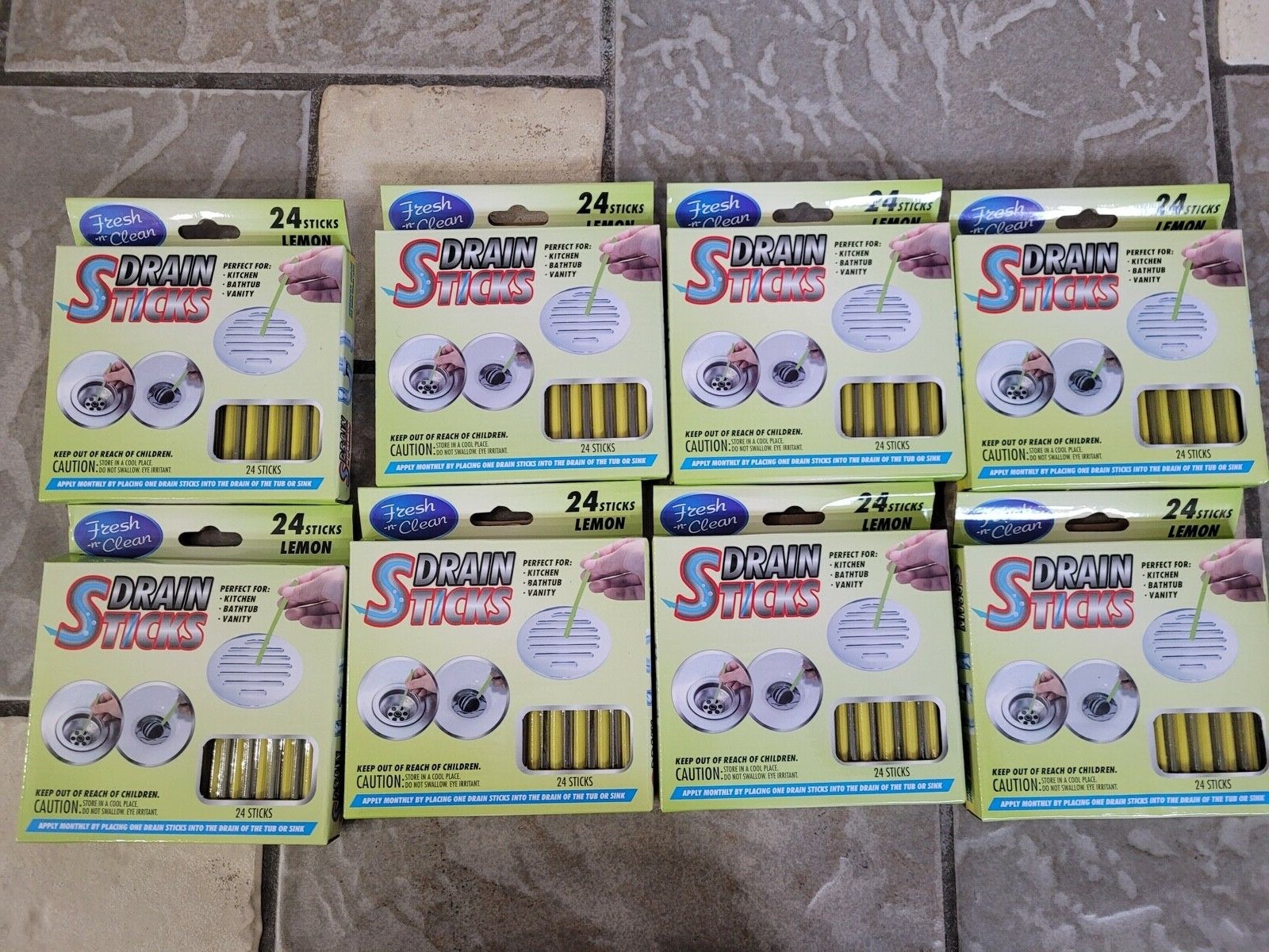 LOT 8 PACKAGES DRAIN STICKS FOR KITCHEN BATH CLEANS FRESHENS DRAINS 192 STICKS