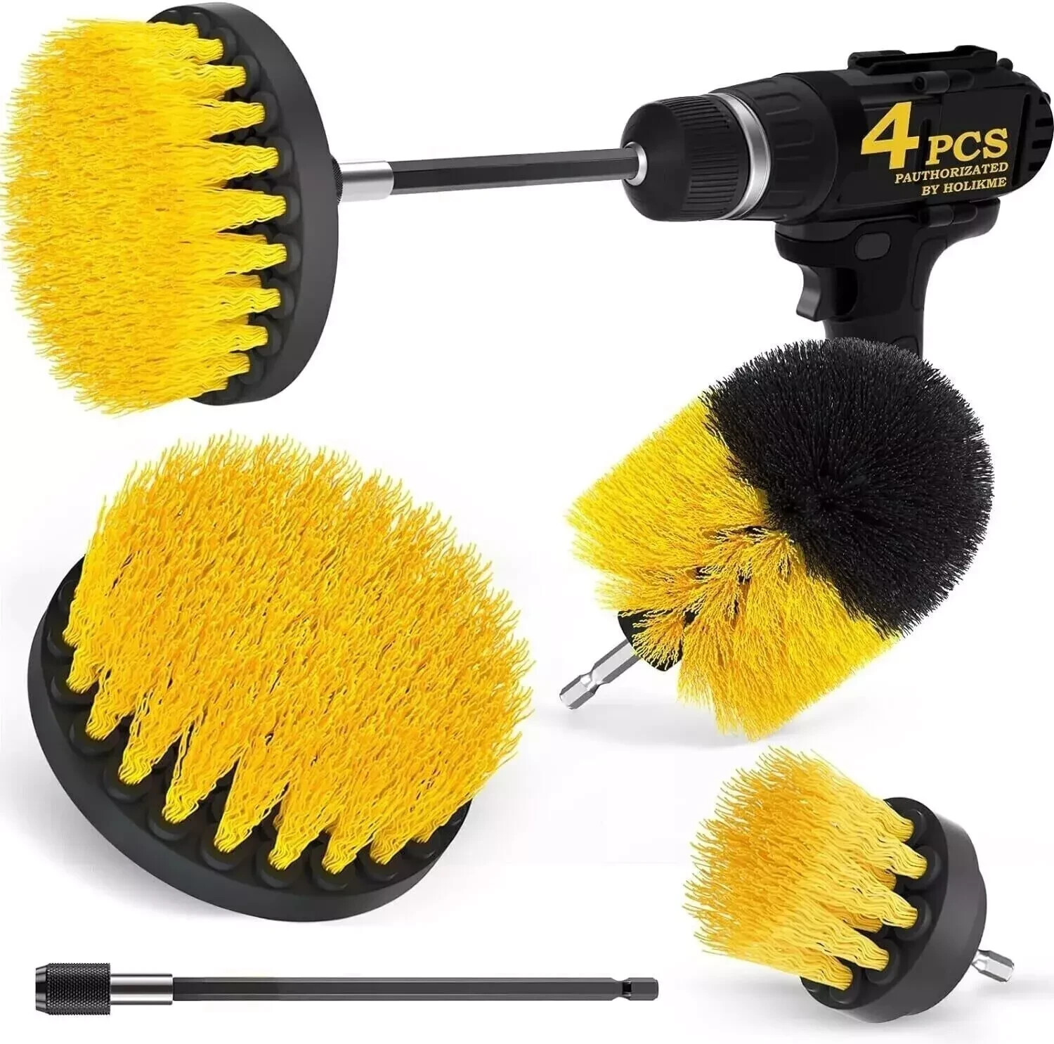 Drill Brush Set 4 Piece (Yellow) with 6″ Extension – Fast Free Shipping