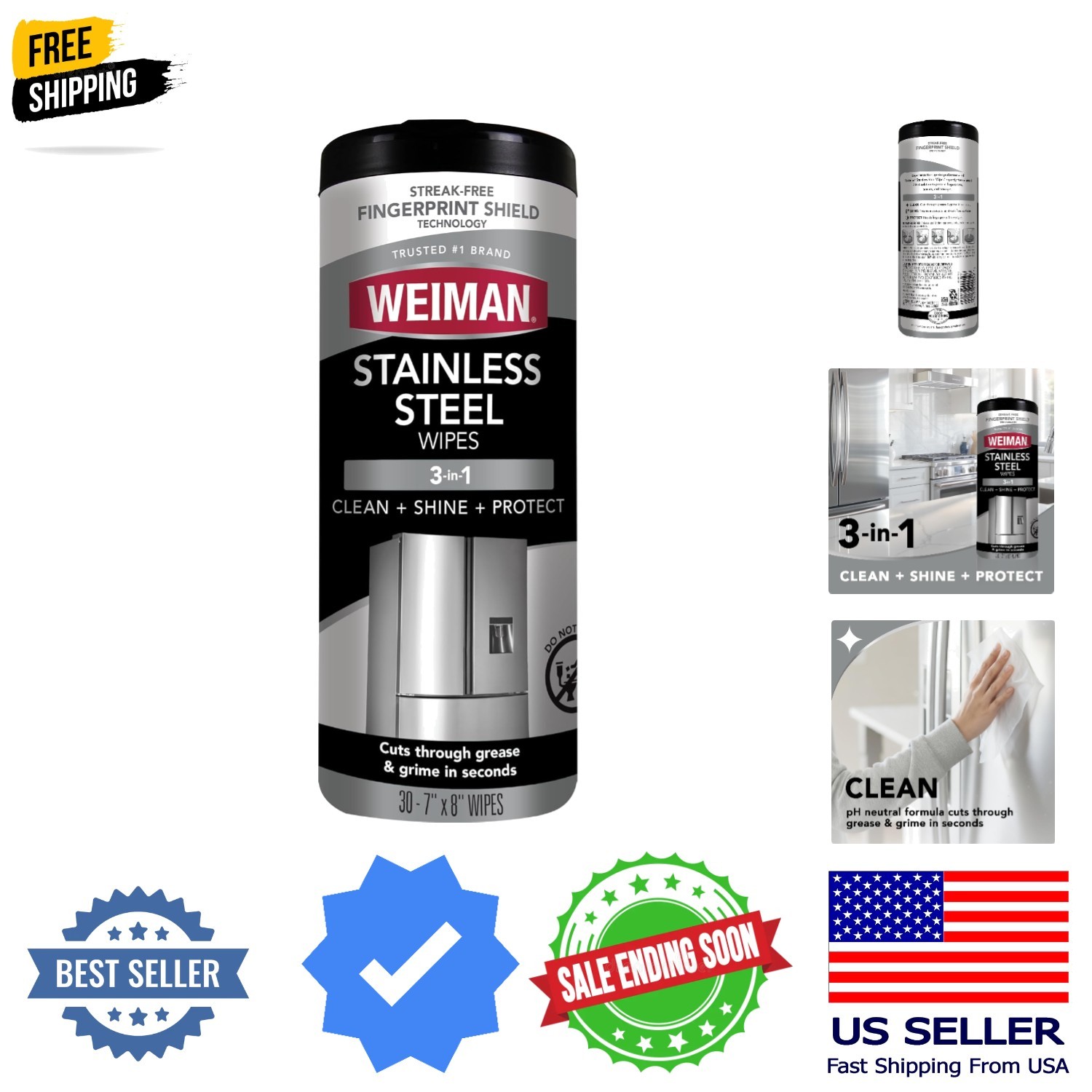 Stainless Steel Cleaner, 30 Count Wipes, Anti-Fingerprint, Removes Grease, Wa…
