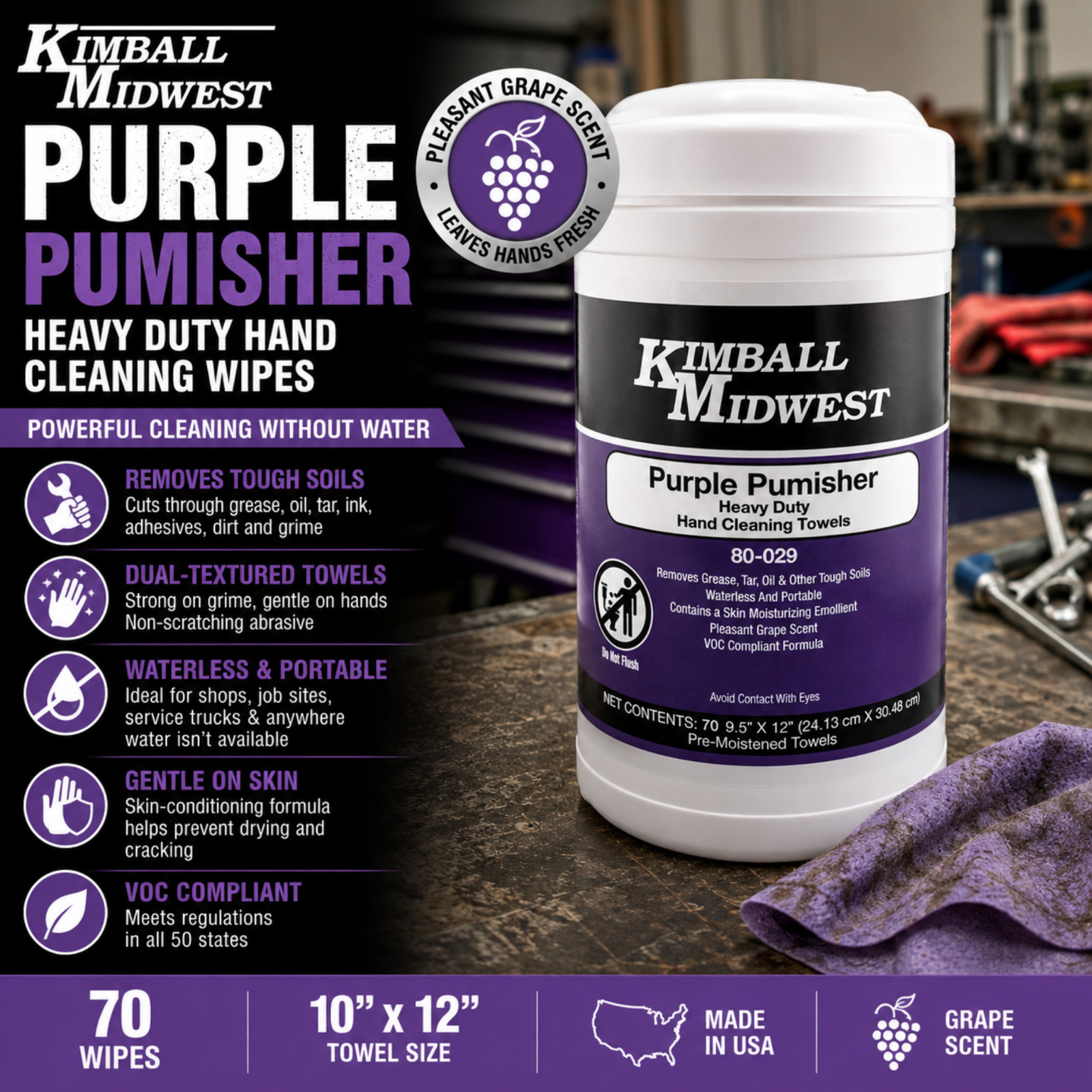 Kimball Midwest 80-029 Purple Pumisher Hand Cleaning Wipes 70 Count, Grape USA