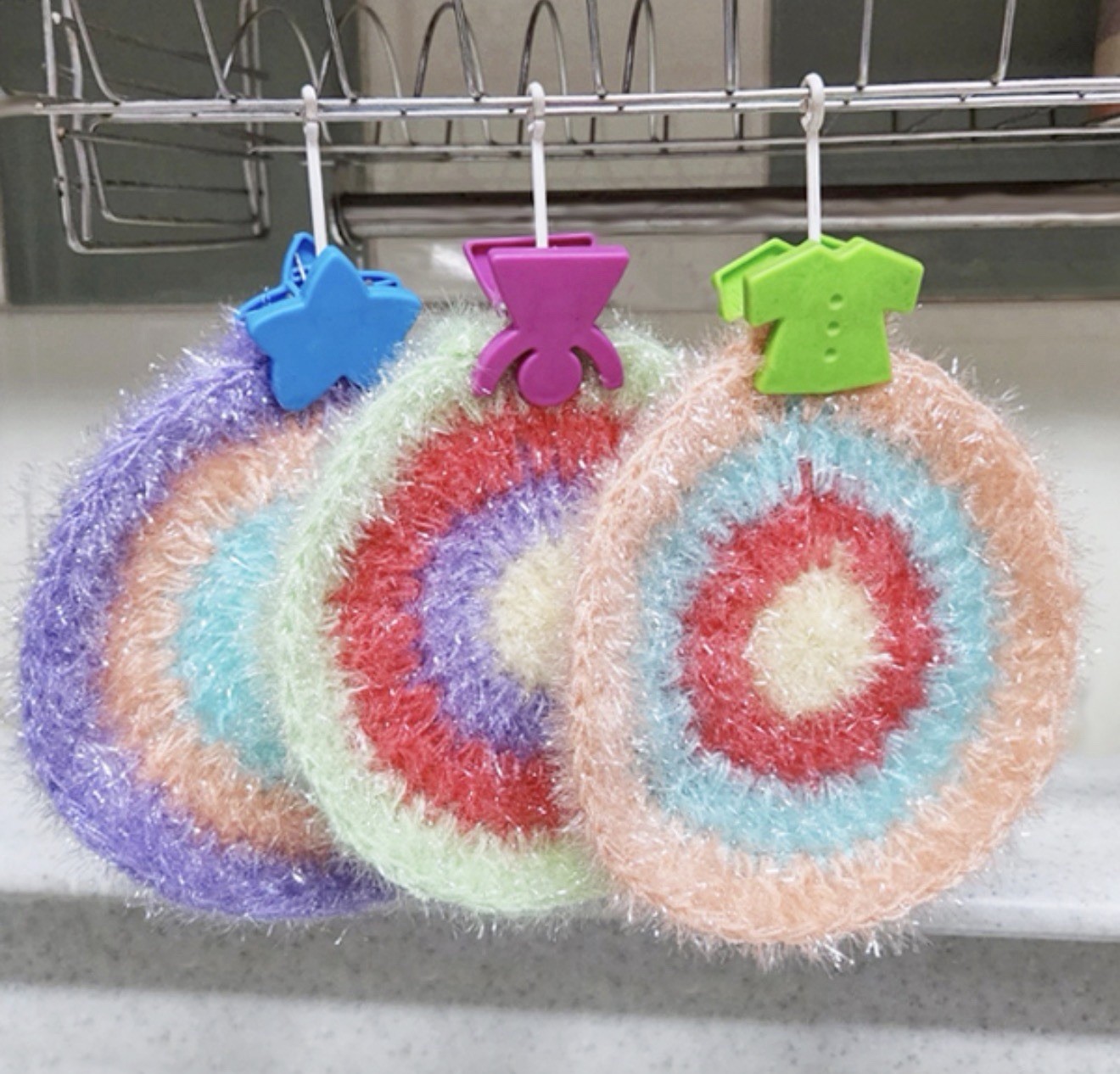 Korean Style Acrylic Yarn Dish Scrubber 10 Pack Rainbow Kitchen Sponge⁠