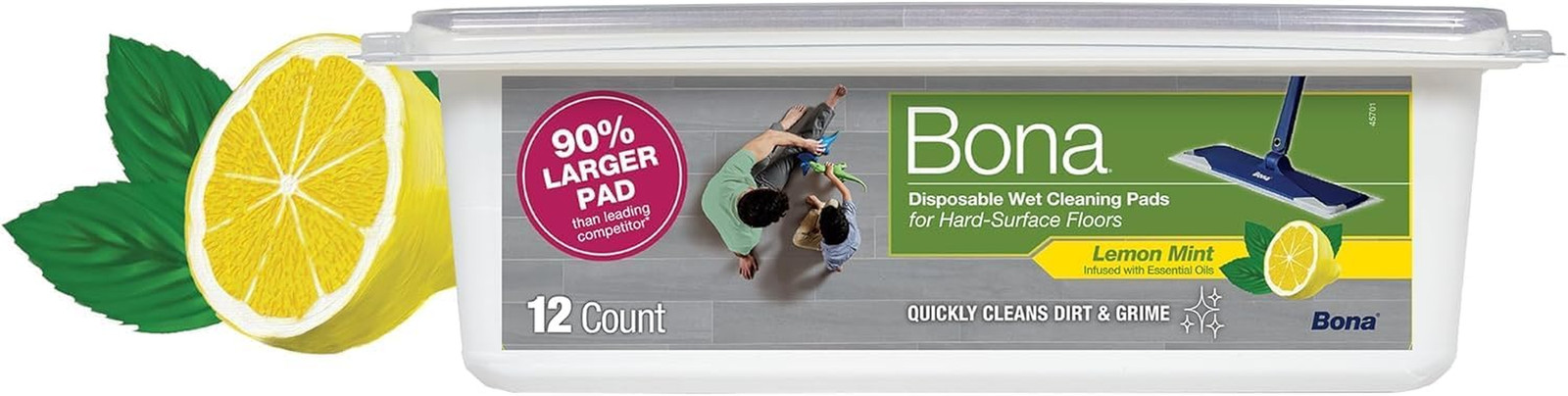 Bona Disposable Wet Cleaning Pads, Lemon Mint, 12 Count