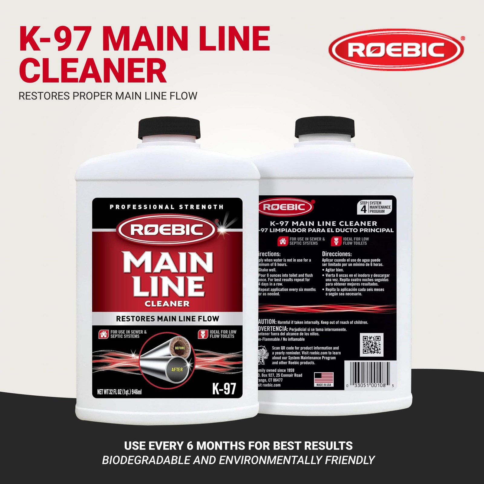 Roebic K 97 Main Line Cleaner Biodegradable Bacteria Sewer Septic Systems 32 Oz