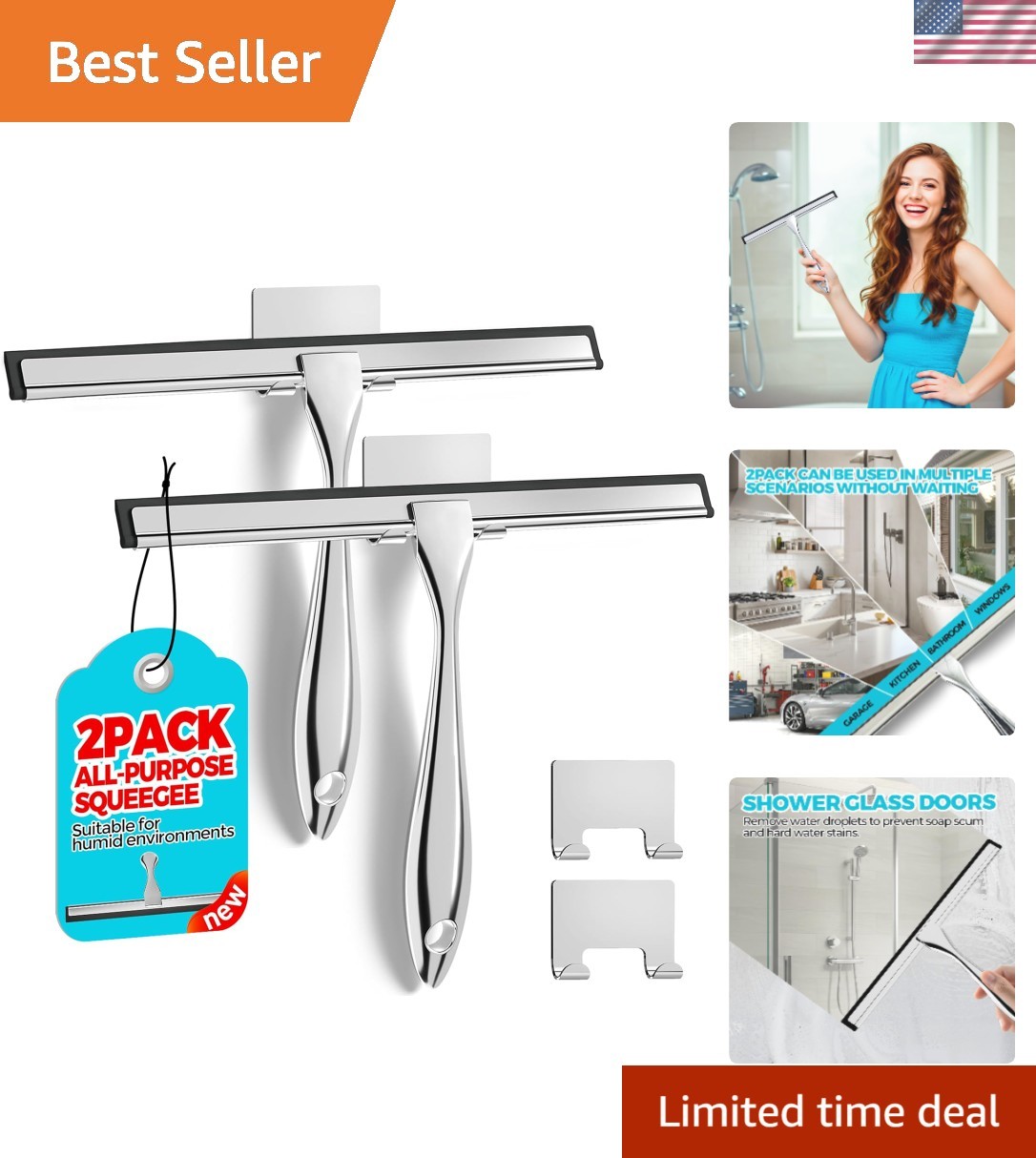 Durable Shower Squeegee with Adhesive Hooks – Ideal for Glass and Mirrors