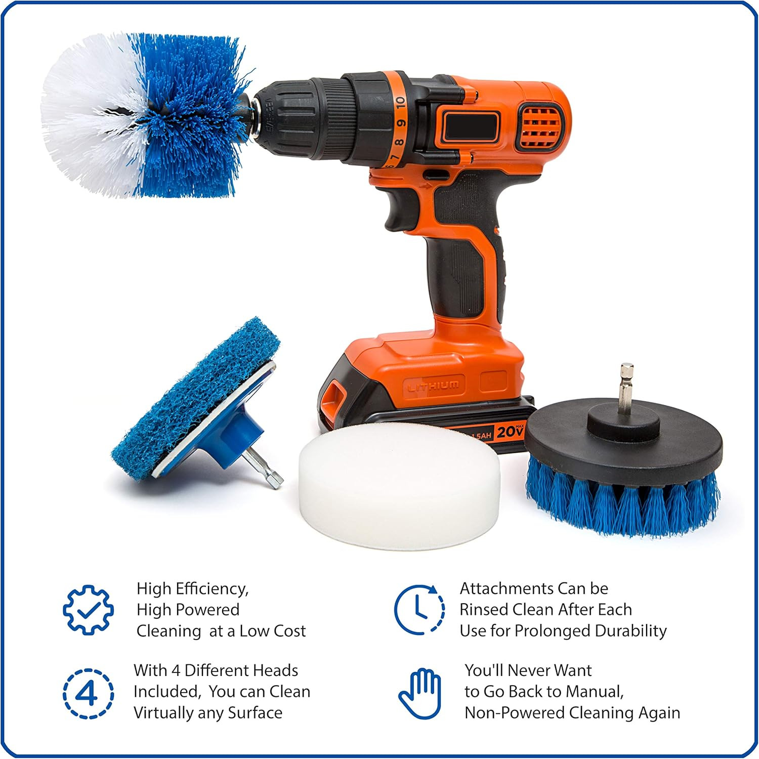 4 Piece Scrub Brush Power Drill Attachments-All Purpose Time Saving Kit-Perfect