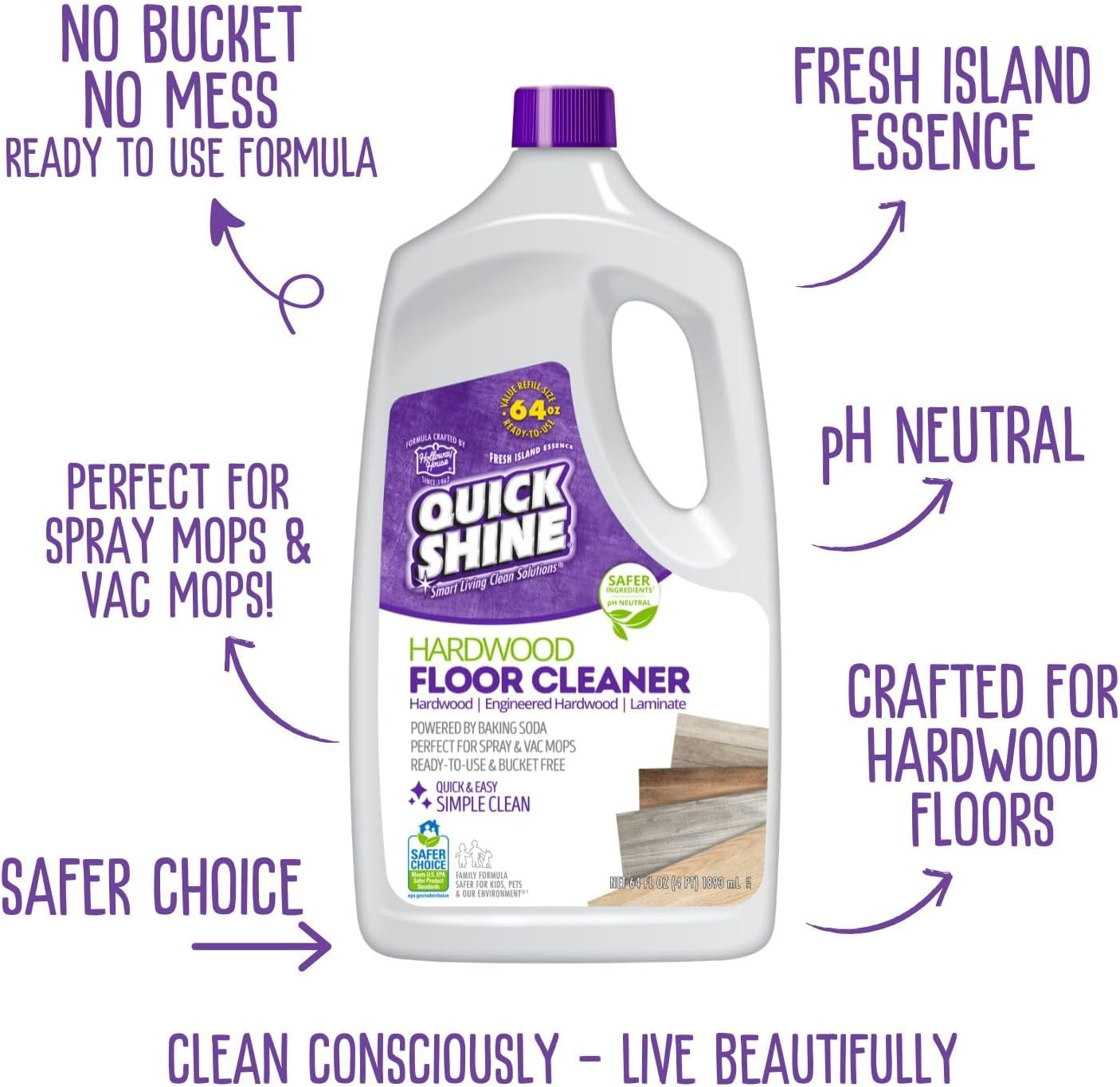 Quick Shine Hardwood Floor Cleaner 64 Oz No Rinse Spray Vac Mop Cleaner