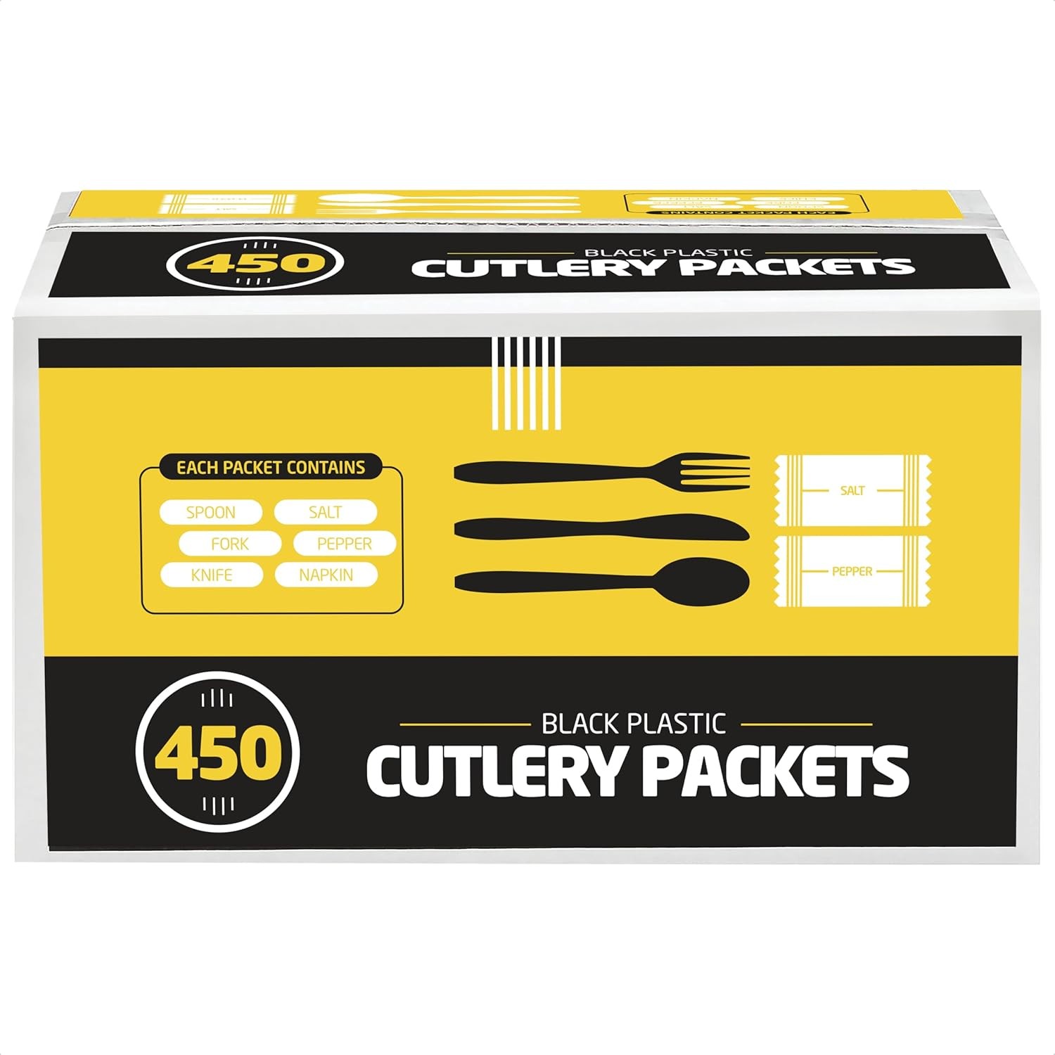 450 Plastic Cutlery Packets – Knife Fork Spoon Napkin Salt Pepper Sets | Black