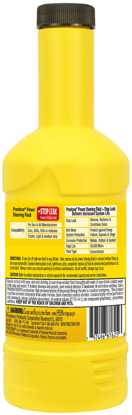 Prestone Power Steering Fluid with Stop Leak 12 oz Anti Wear Seal Protection