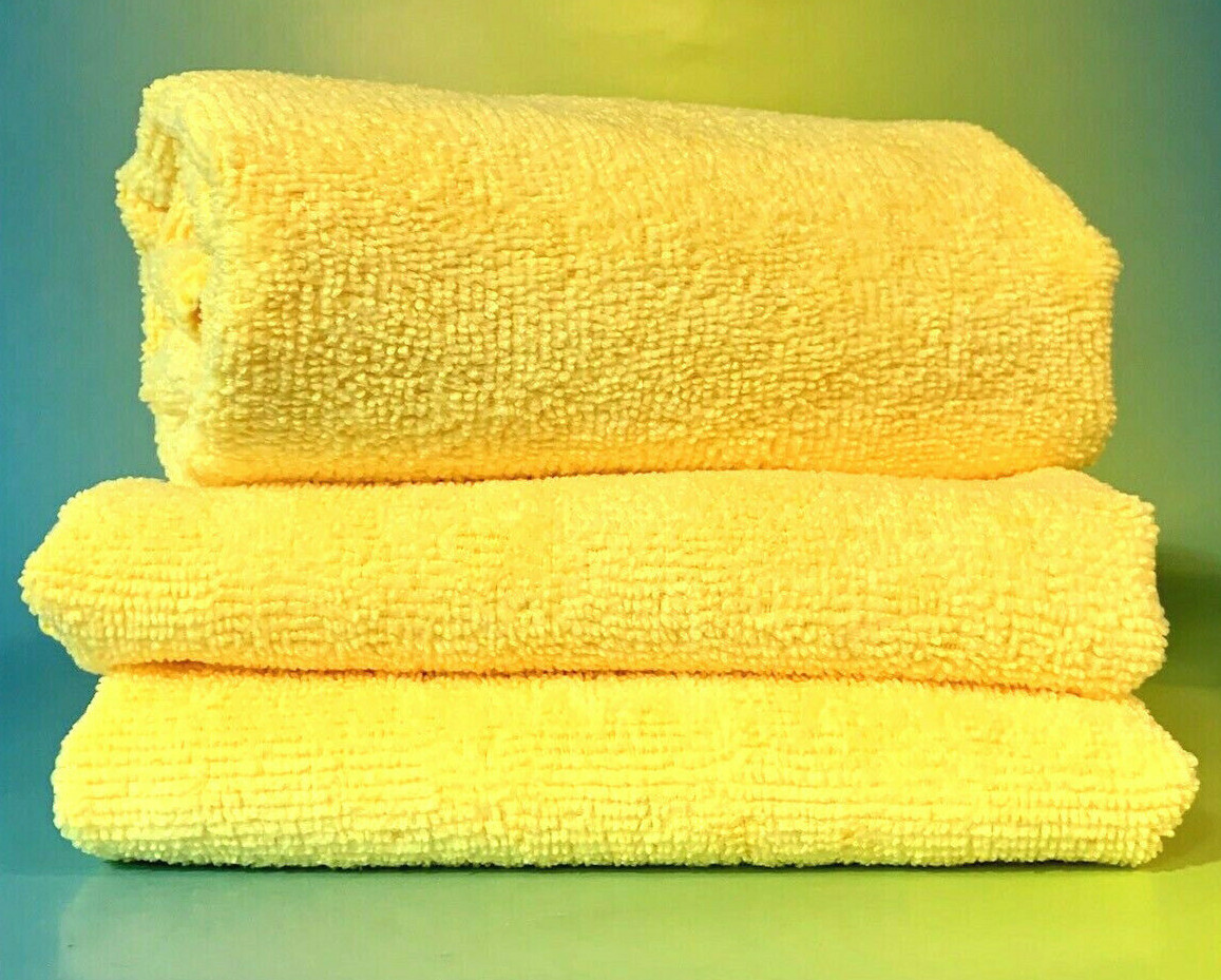 3 YELLOW MICROFIBER CLEANING WASH CLOTH TOWEL RAG 16″x16″ 300GSM DISHES GLASS