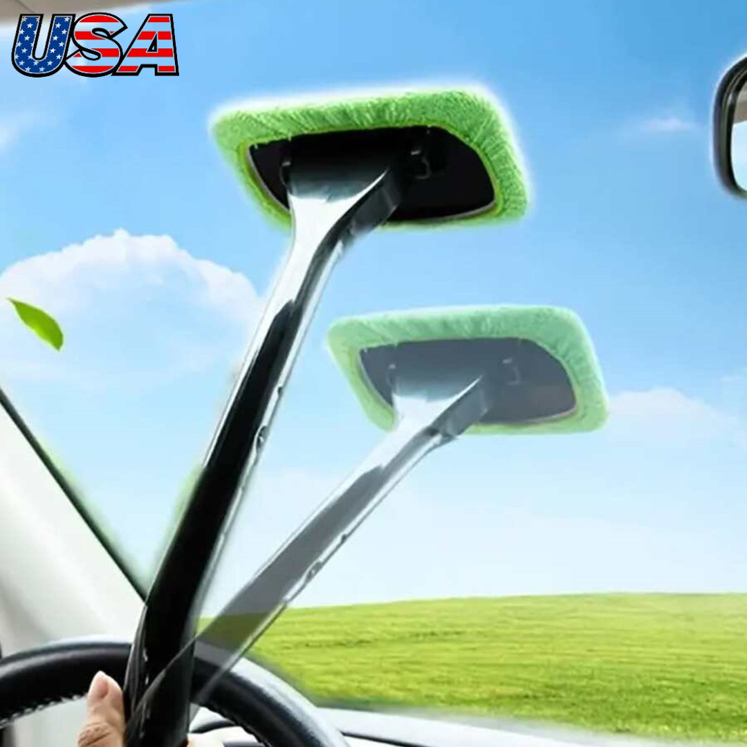 Car Glass Cleaning Tools with Washable & Reusable Microfiber Pads Anti-Fog Brush