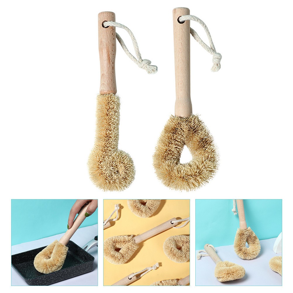 2pcs Kitchen Pot Brush Natural Bristle Wooden Handle Utensil Cleaning Brush