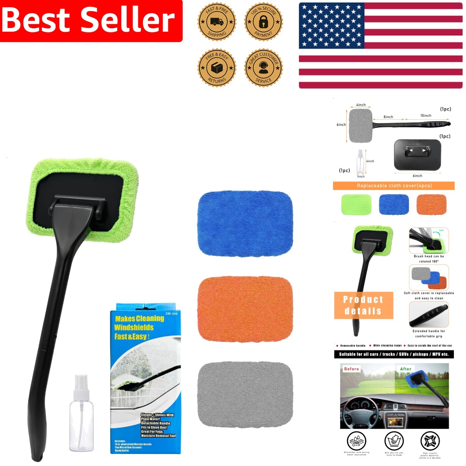 Microfiber Window Cleaner Kit, Auto Glass Wiper, Long Handle, Spray Bottle, 4…
